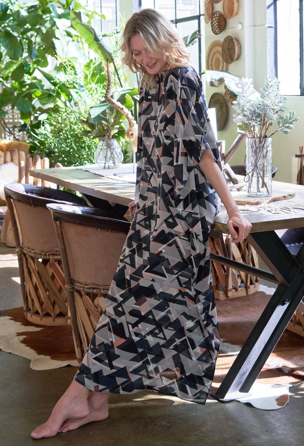 re:hOMe - UPCYCLED - Triangle Print Silk Belted Caftan - s/m - ocean+main