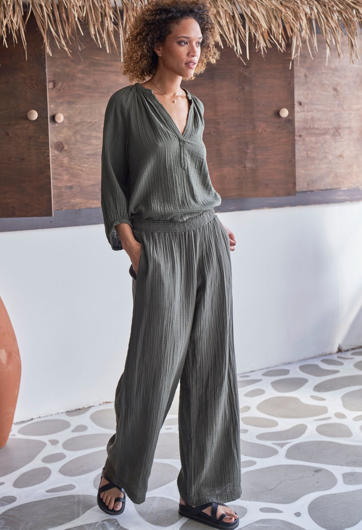Sage Gauze Palazzo Pant without Satin Tie Belt - ocean+main