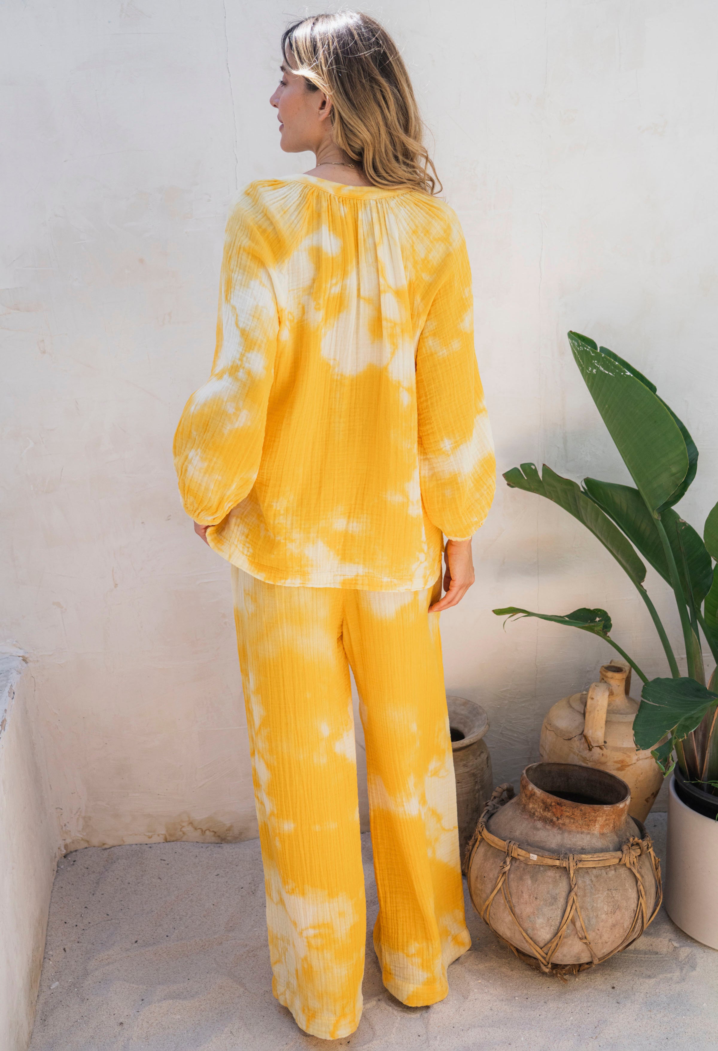 Sunflower Tie Dye Gauze Palazzo Pant with Satin Tie Belt