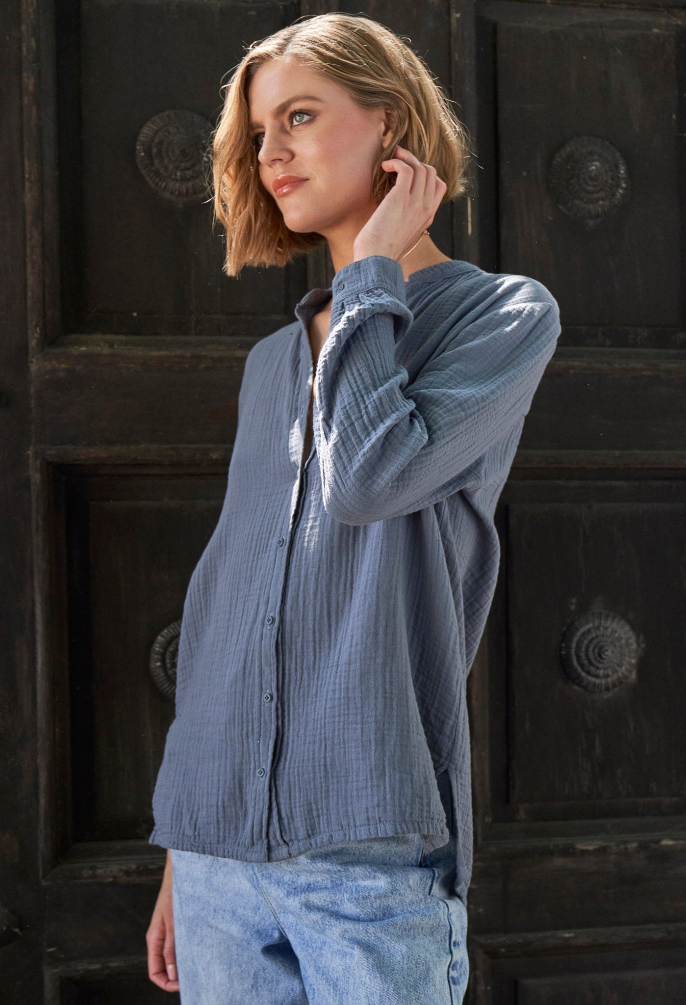 The Perfect Button Front Cotton Top in Petrol - ocean+main