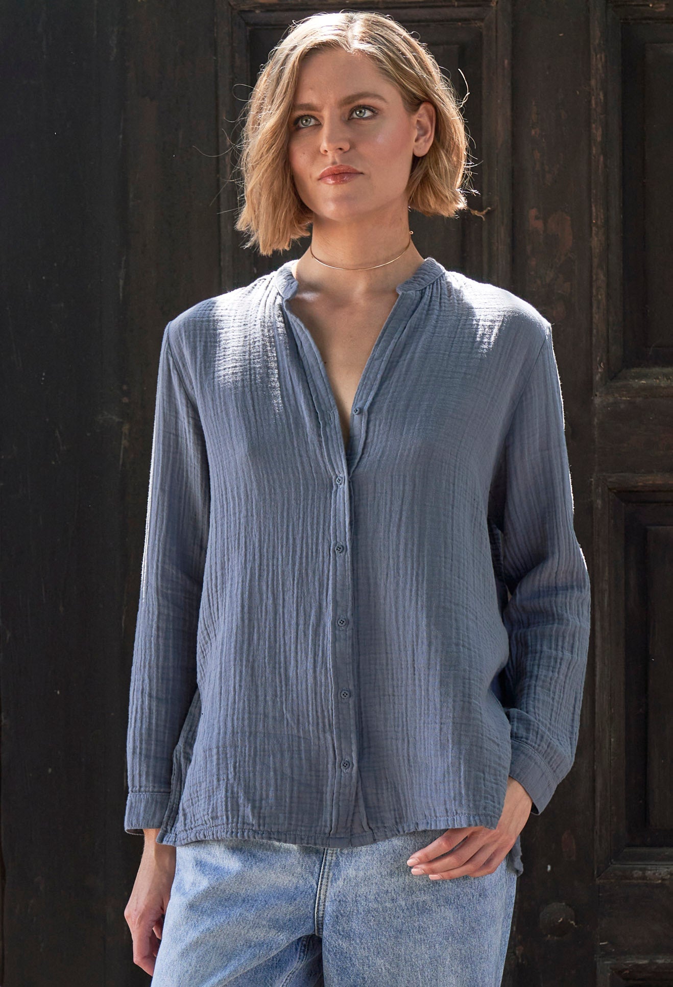 The Perfect Button Front Cotton Top in Petrol - ocean+main