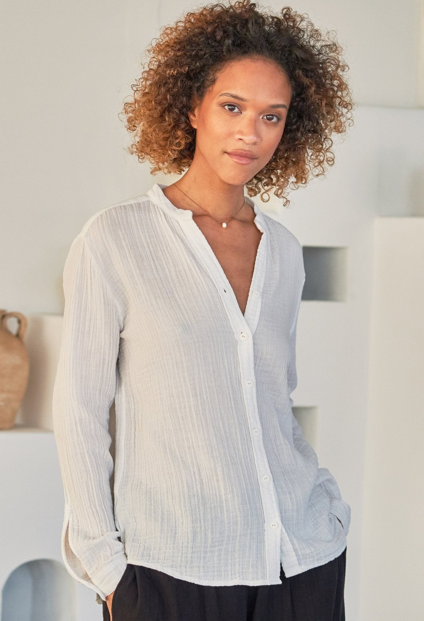 The Perfect Button Front Cotton Top in White - ocean+main