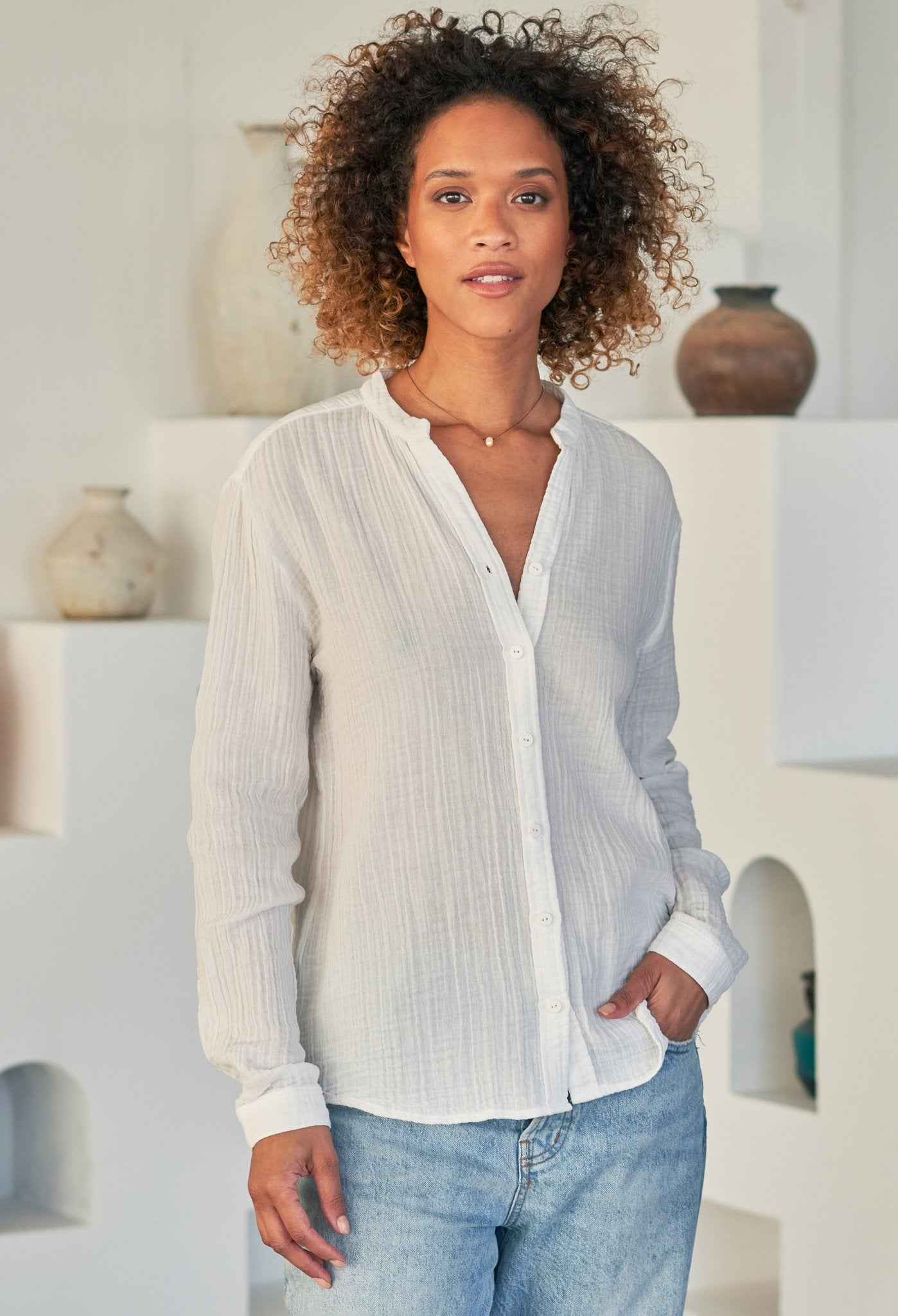 The Perfect Button Front Cotton Top in White - ocean+main