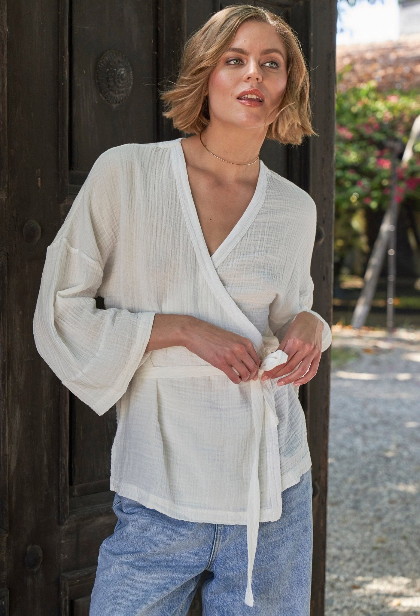 White Kimono Sleeve Gauze Wrap Top - ocean+main