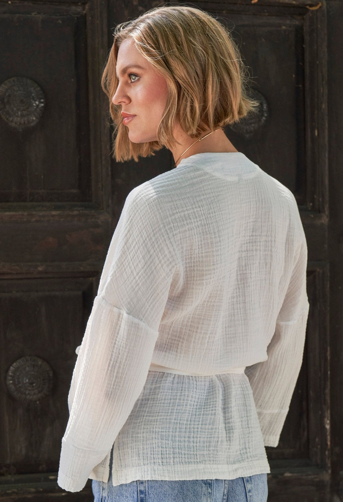 White Kimono Sleeve Gauze Wrap Top - ocean+main