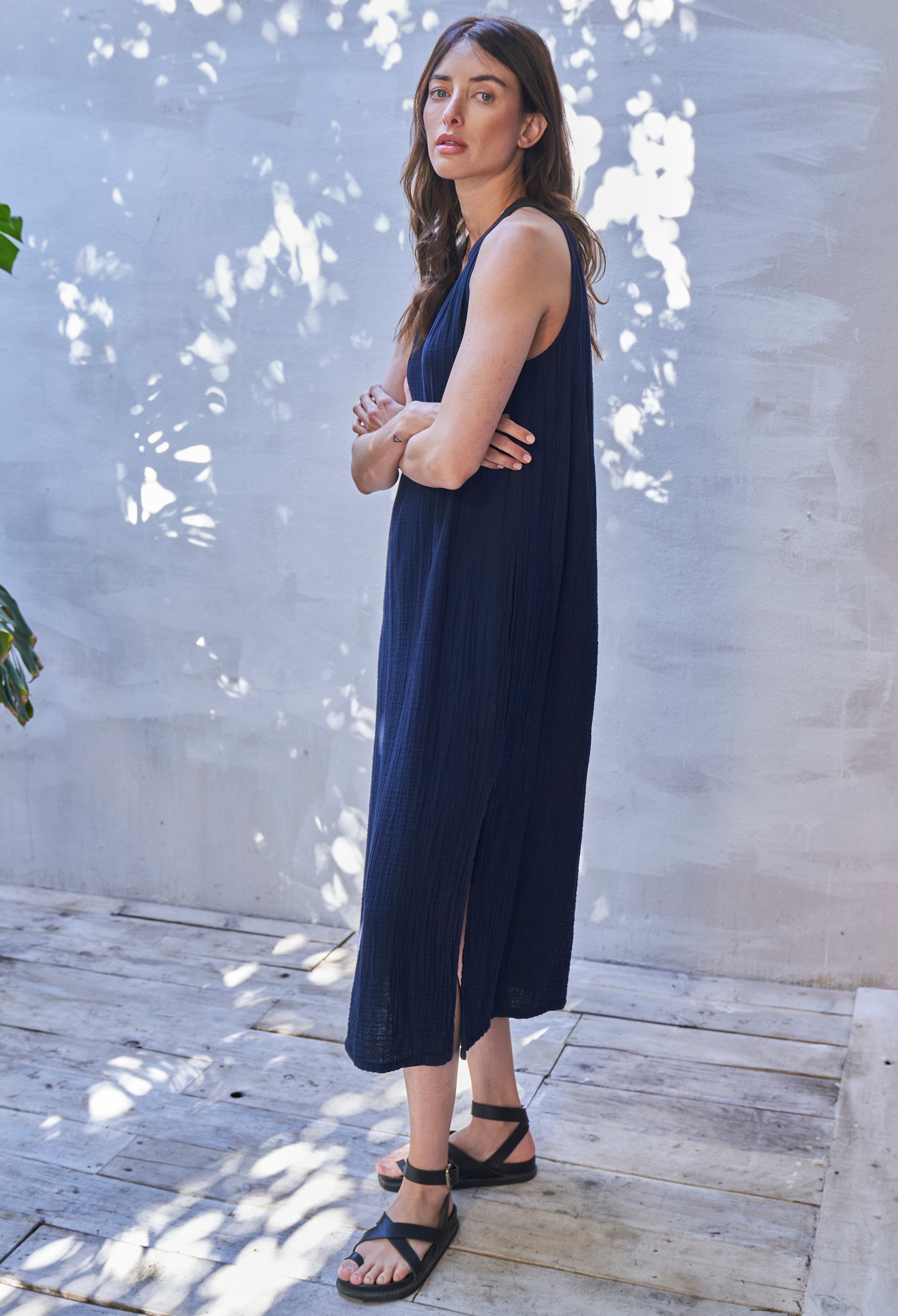 Sleeveless Navy Gauze Midi Dress with Pockets