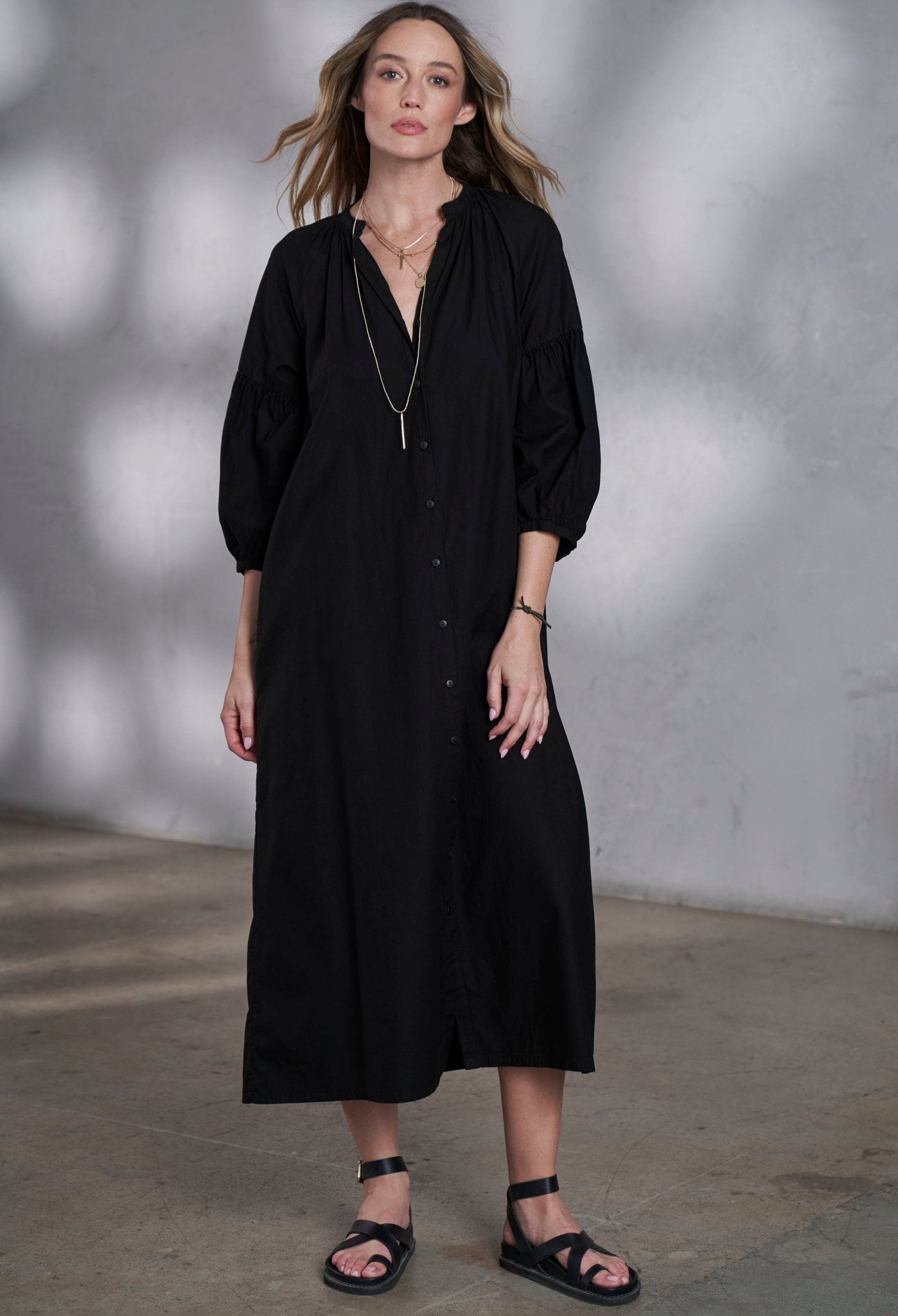 Aubrey Black Cotton Peasant Dress with Belt and Pockets - ocean+main