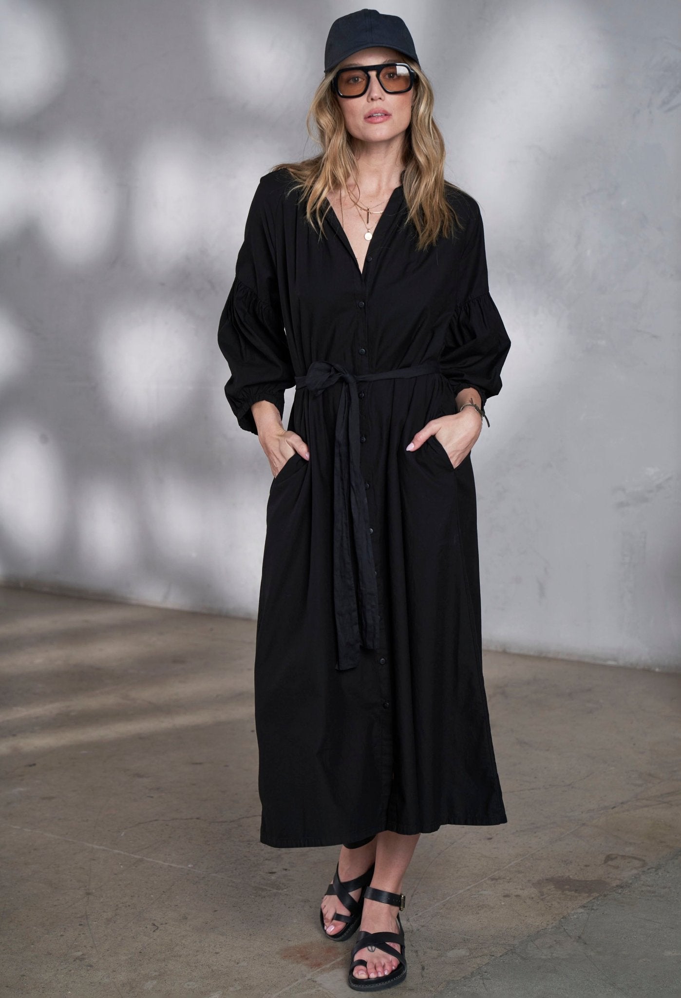Aubrey Black Cotton Peasant Dress with Belt and Pockets - ocean+main