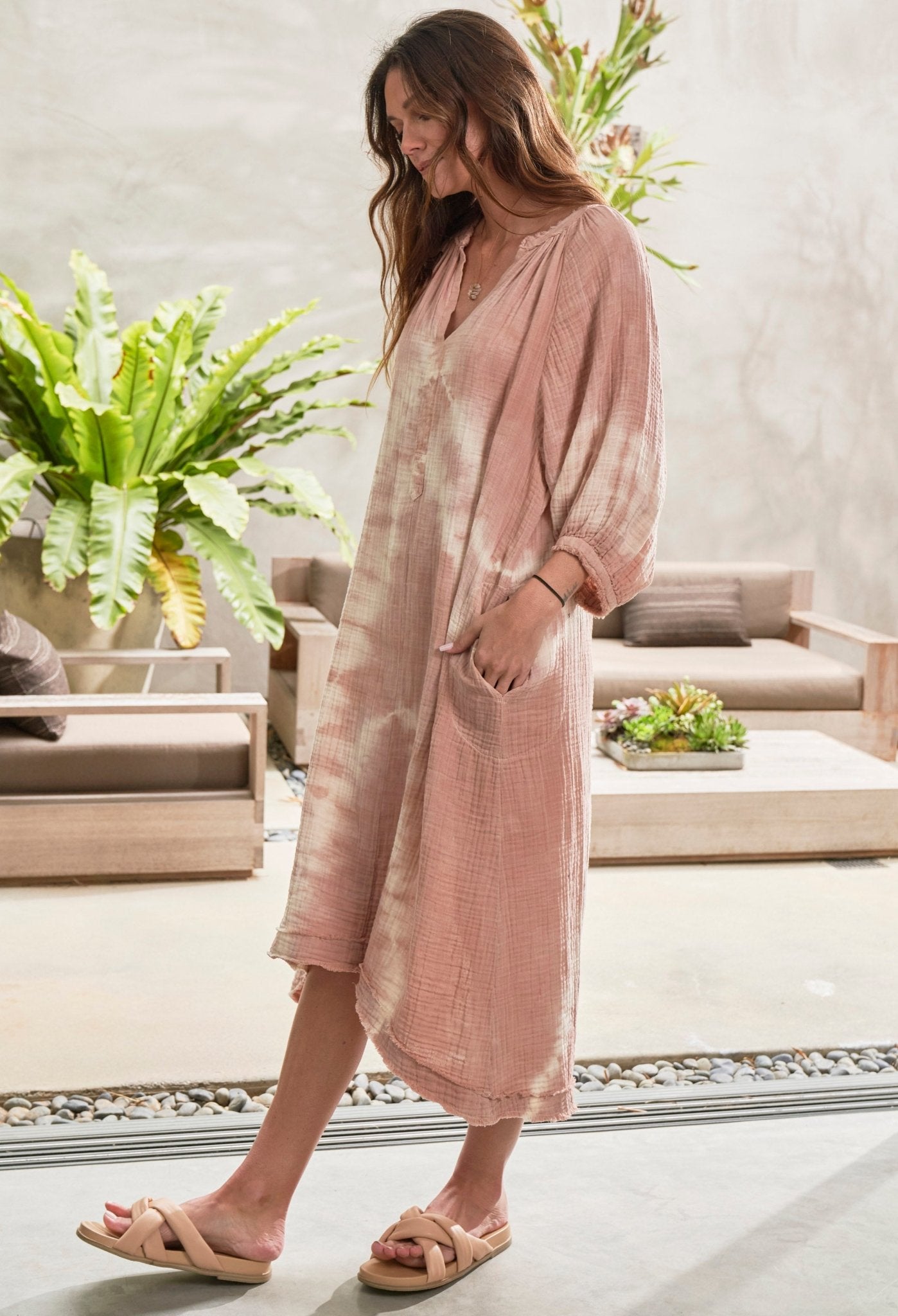 Bermuda Sand Tie Dye Gauze Dress with Pockets - ocean+main