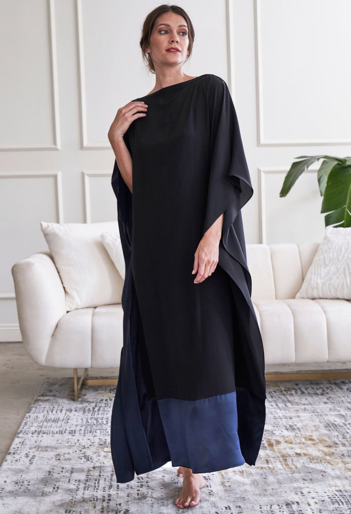 Black and Navy Convertible Boatneck Silk Caftan - ocean+main