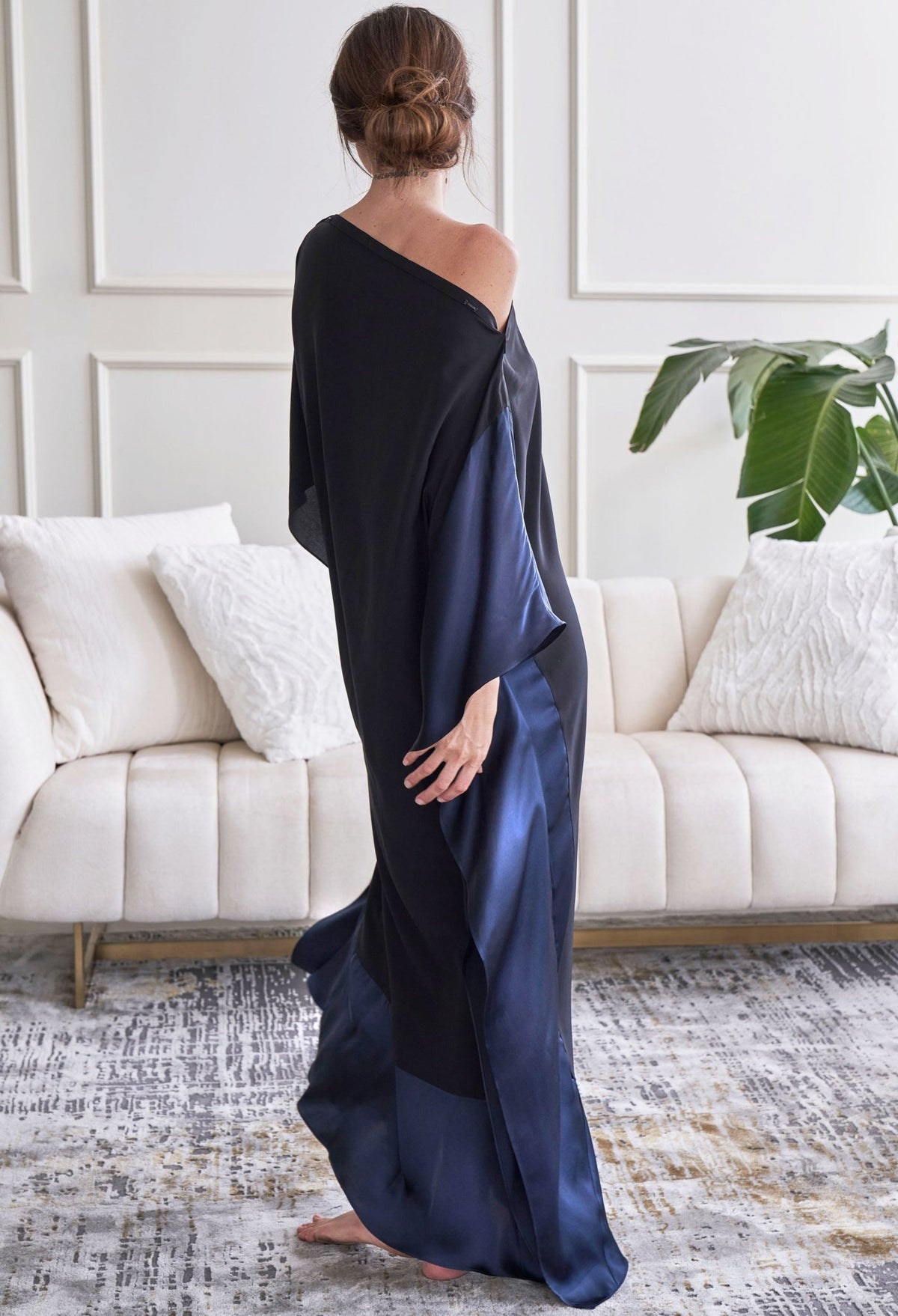 Black and Navy Convertible Boatneck Silk Caftan - ocean+main