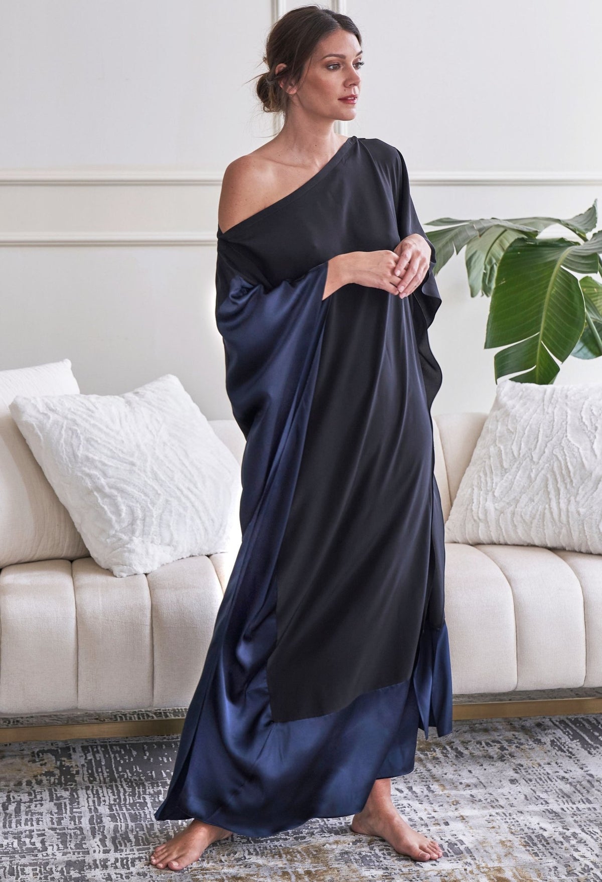 Black and Navy Convertible Boatneck Silk Caftan - ocean+main