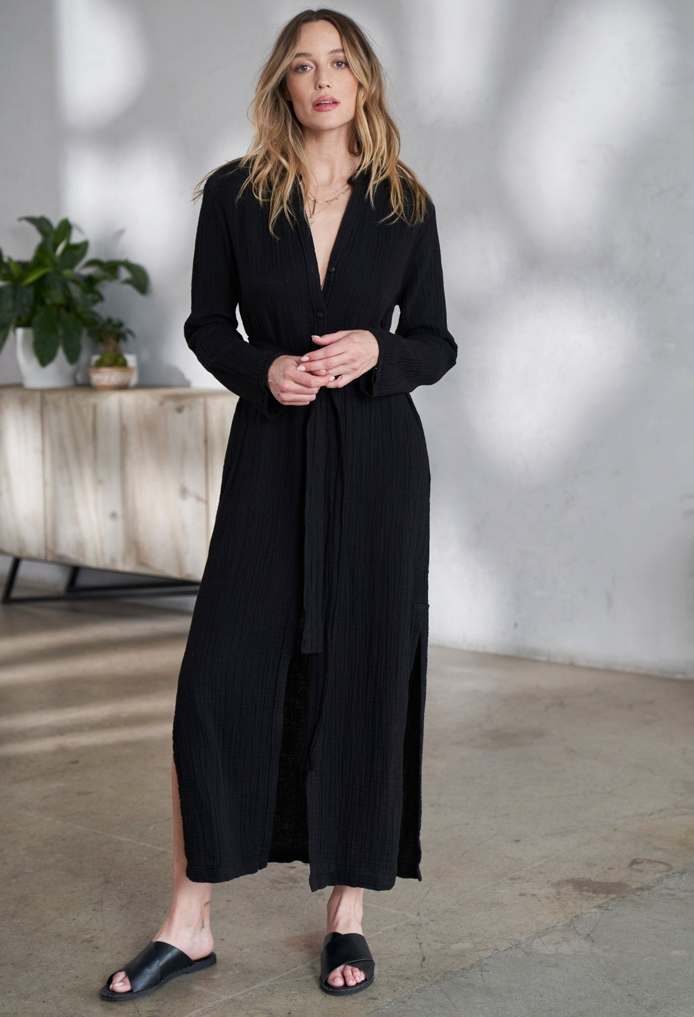 Black Button Front Belted Cotton Gauze Tunic Dress - ocean+main