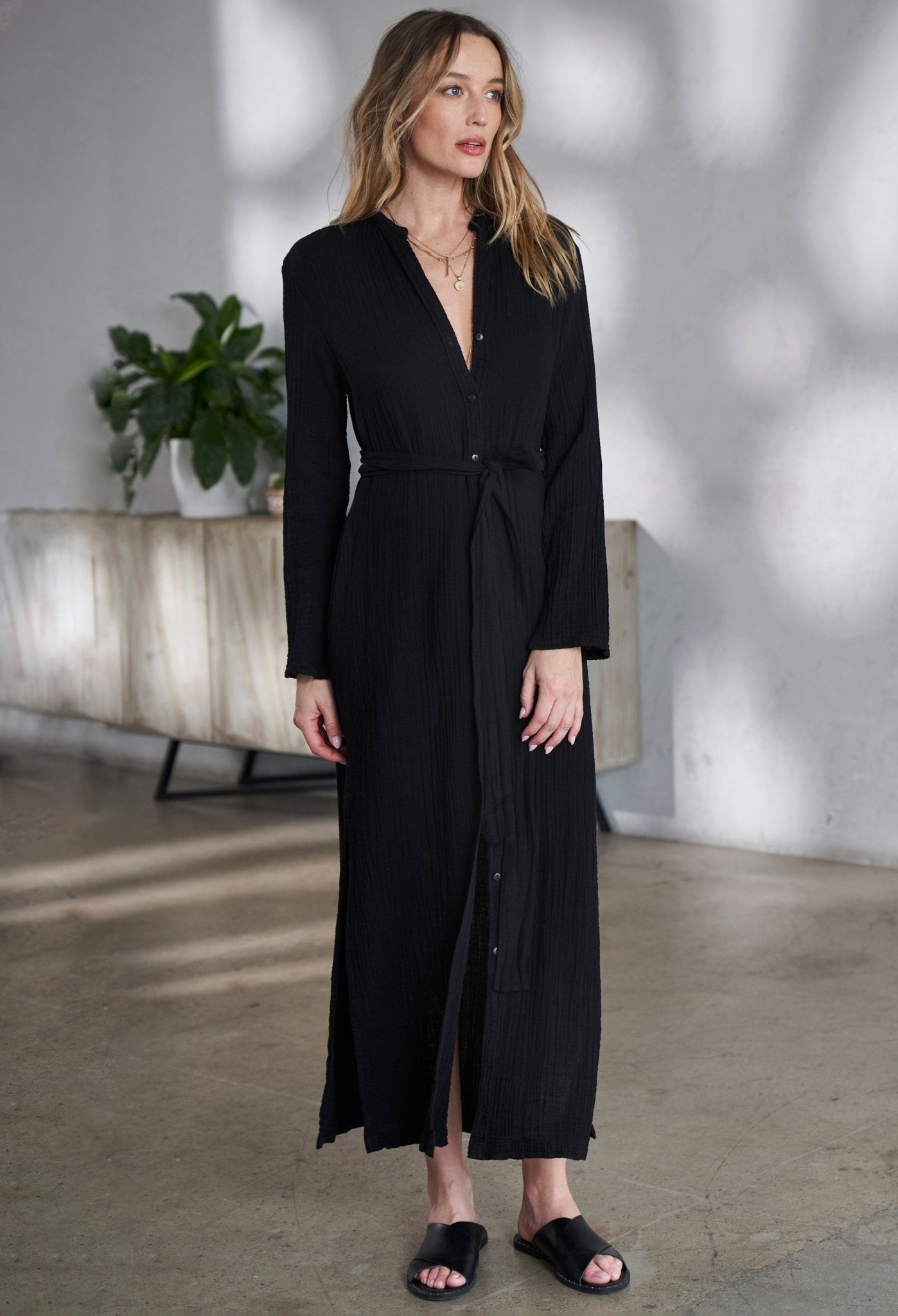 Black Button Front Belted Cotton Gauze Tunic Dress - ocean+main