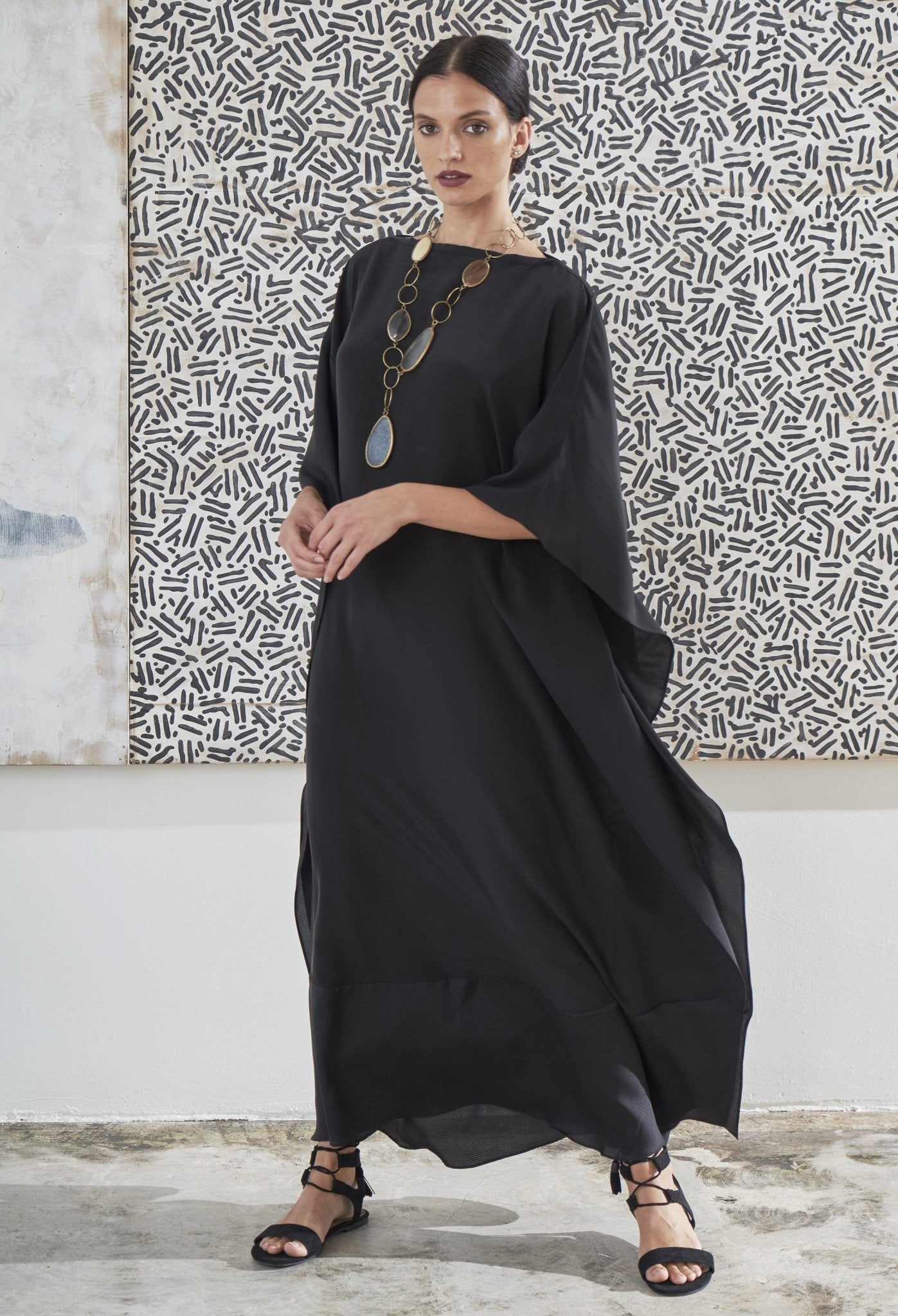Black Convertible Boatneck Silk Caftan - ocean+main
