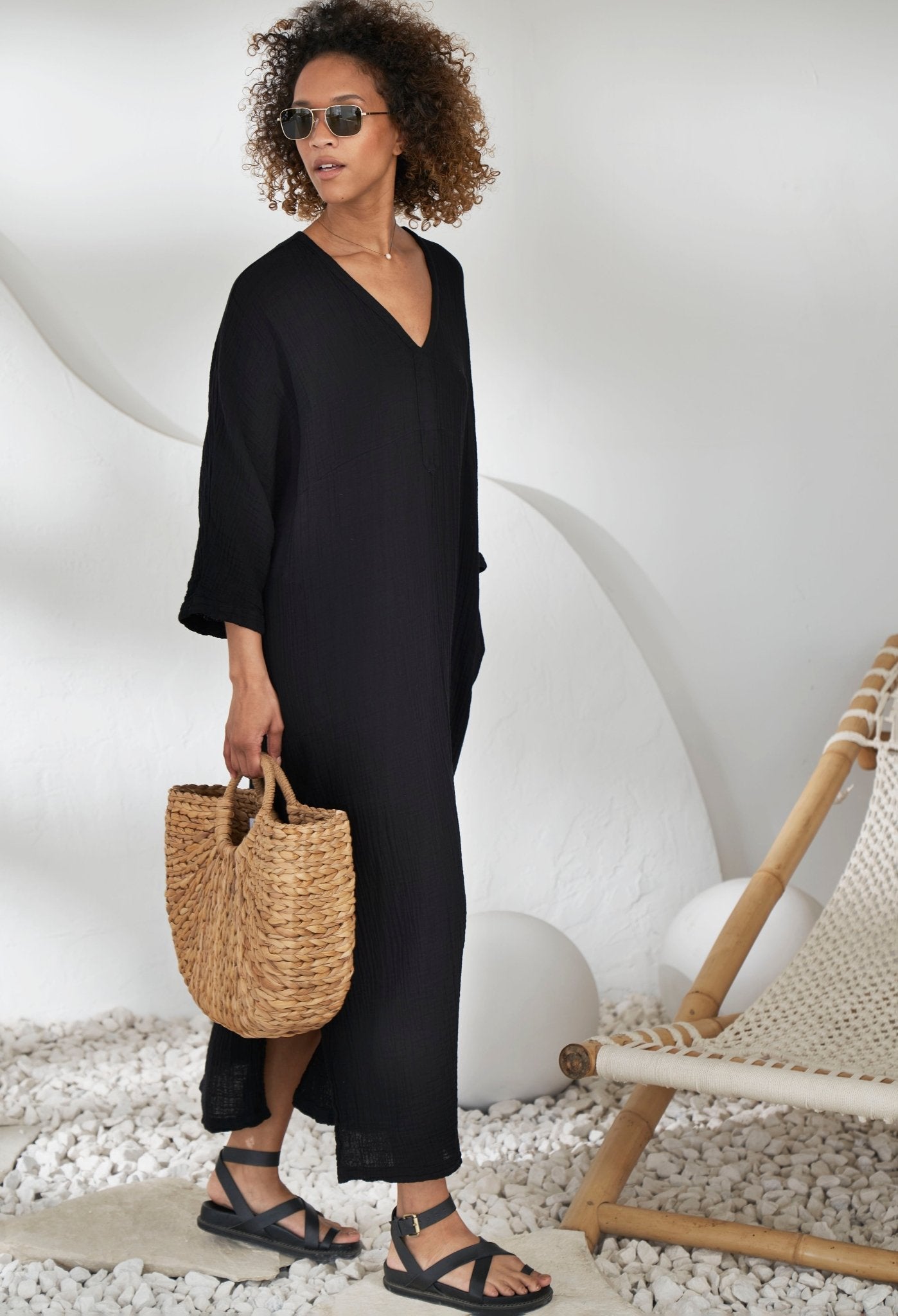 Black Cotton Gauze Arc Seam Caftan - ocean+main