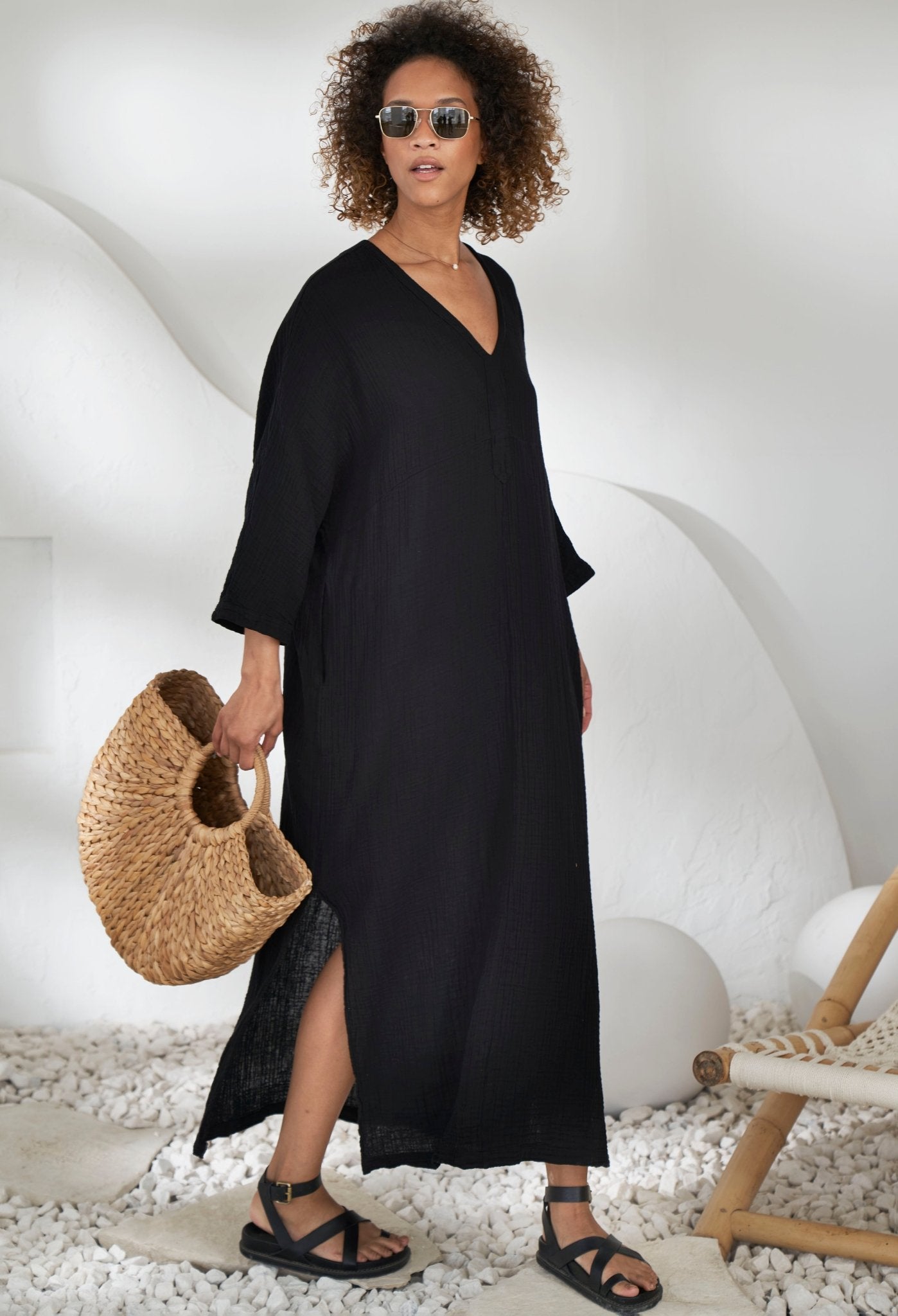 Black Cotton Gauze Arc Seam Caftan - ocean+main