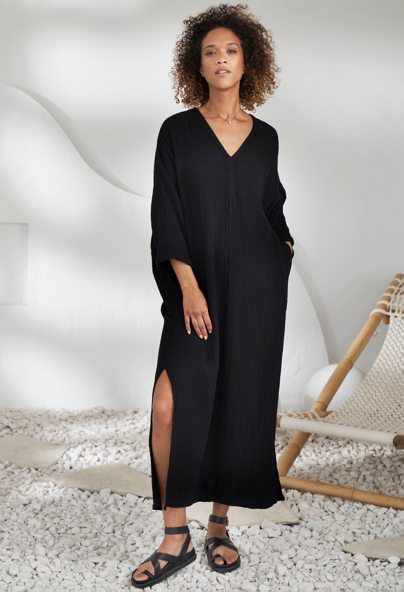 Black Cotton Gauze Arc Seam Caftan - ocean+main