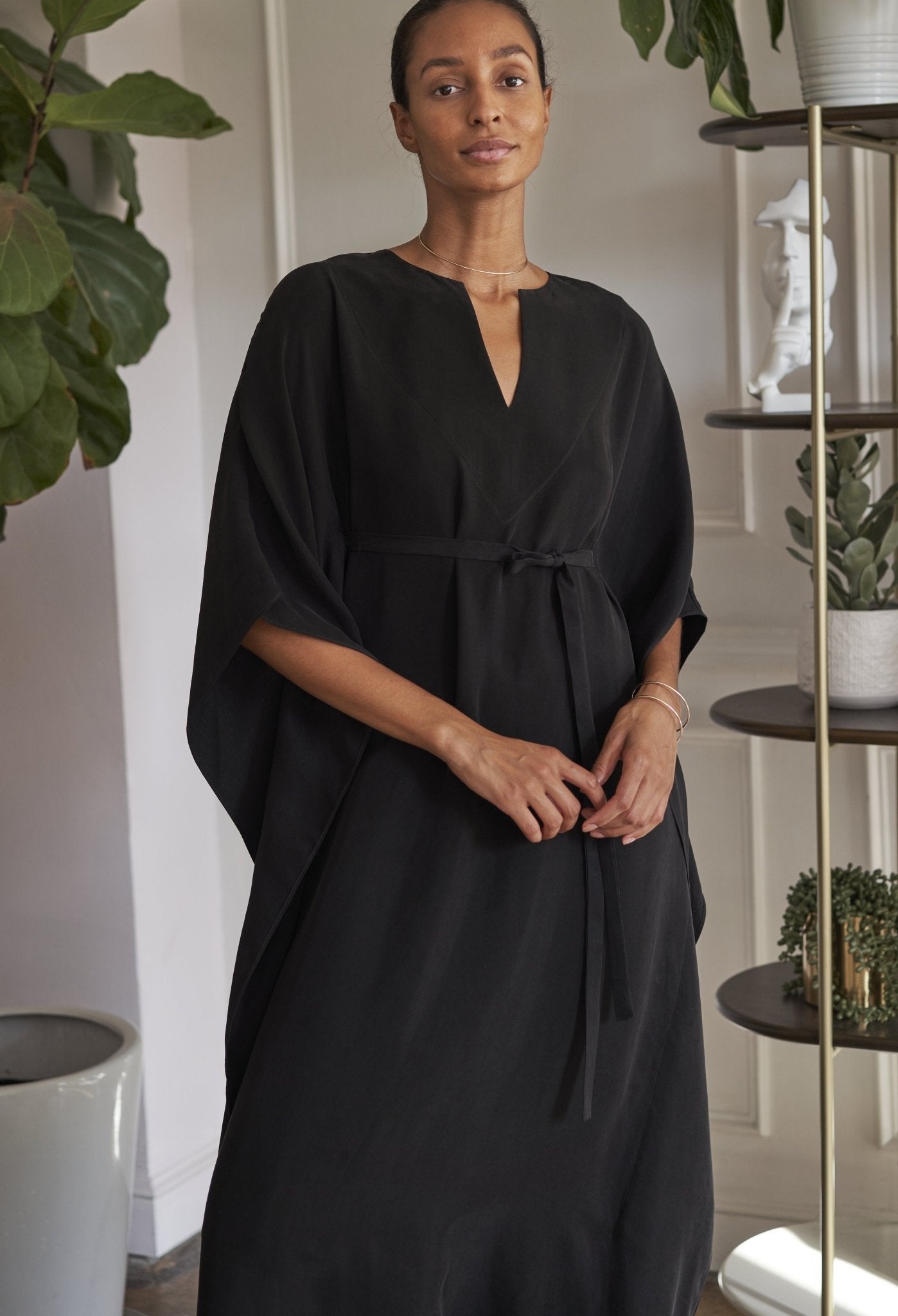 Black Cupro Belted Long Caftan - ocean+main