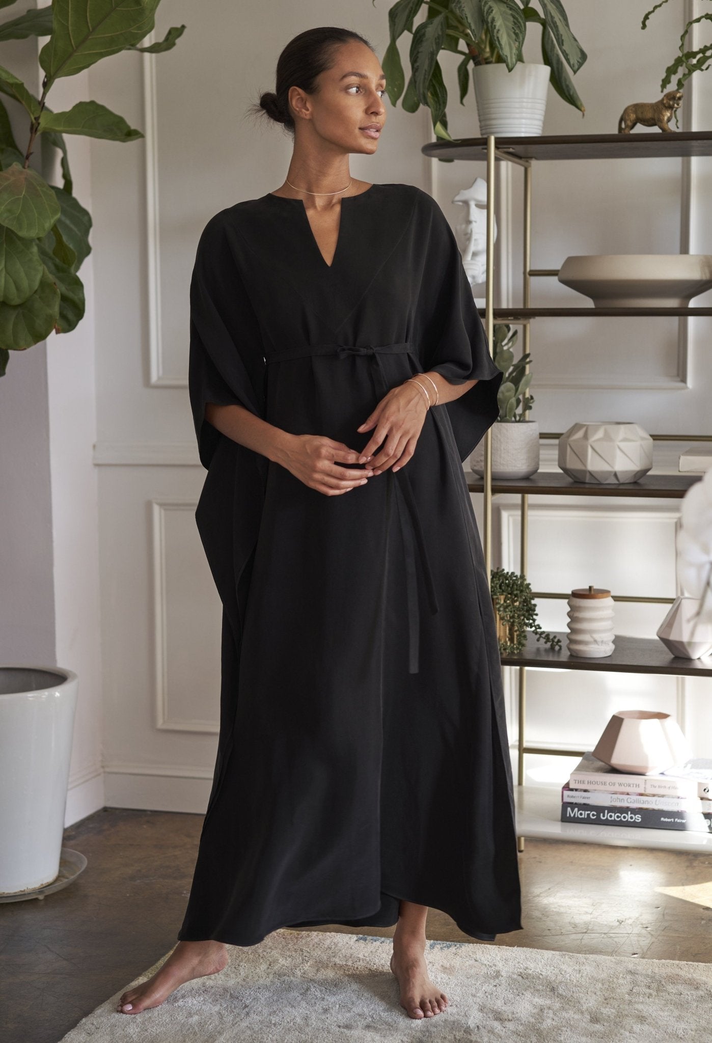 Black Cupro Belted Long Caftan - ocean+main