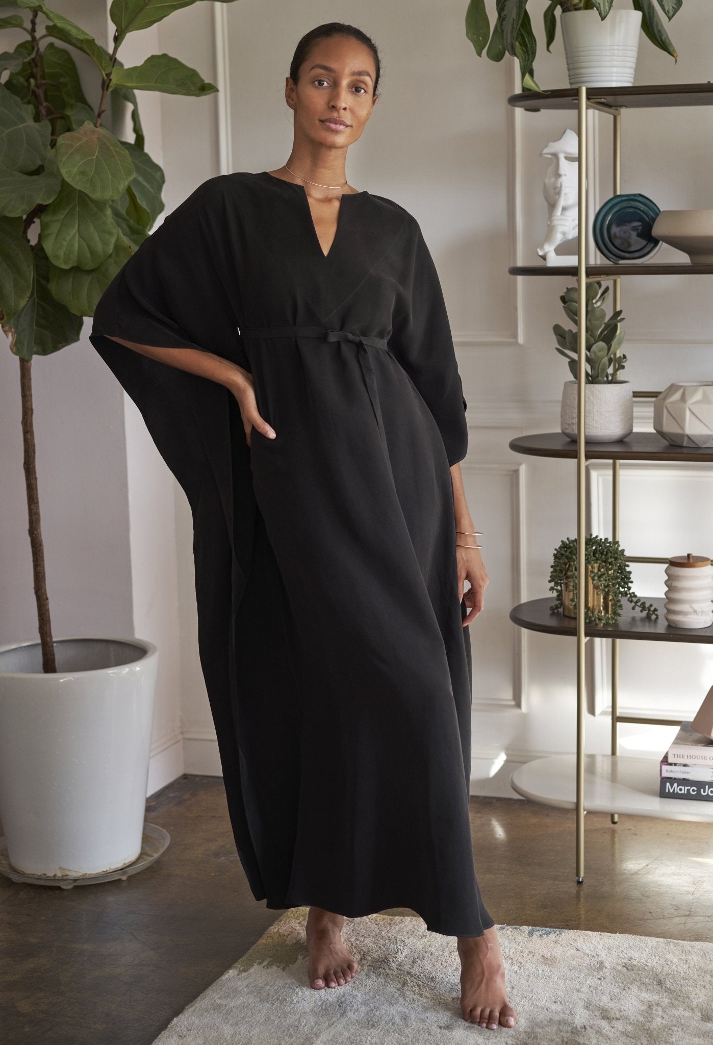Black Cupro Belted Long Caftan - ocean+main