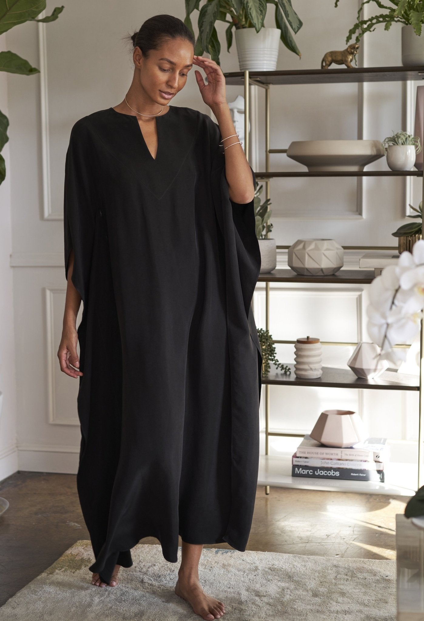 Black Cupro Belted Long Caftan - ocean+main