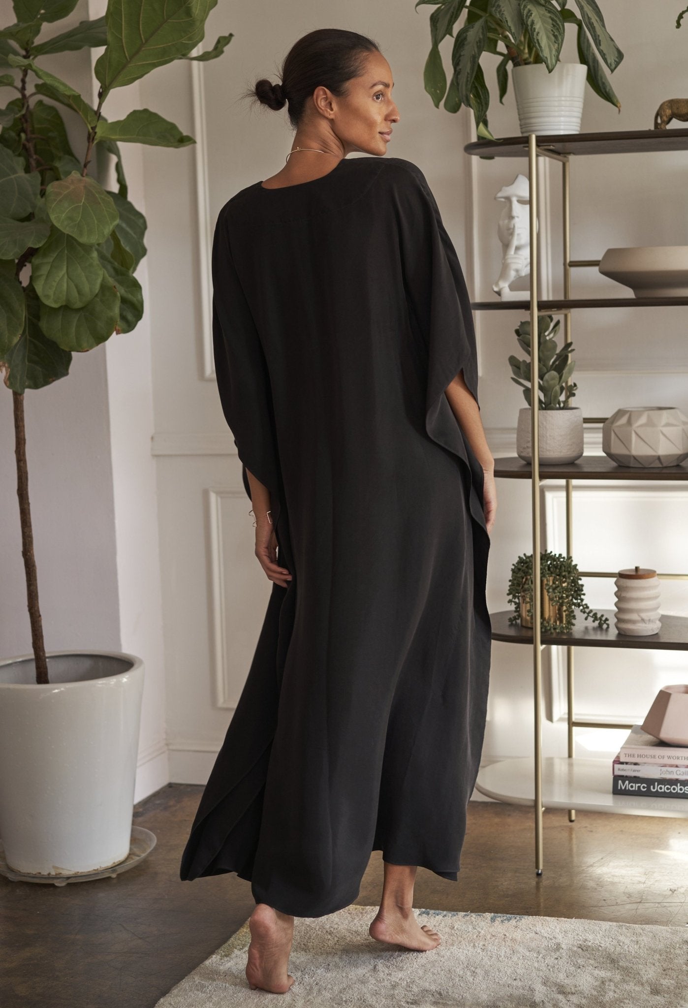 Black Cupro Belted Long Caftan - ocean+main