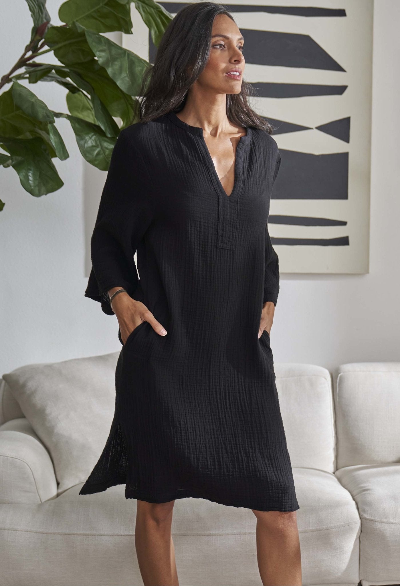 Black Short Gauze Tunic Dress with Pockets - Sale - ocean+main
