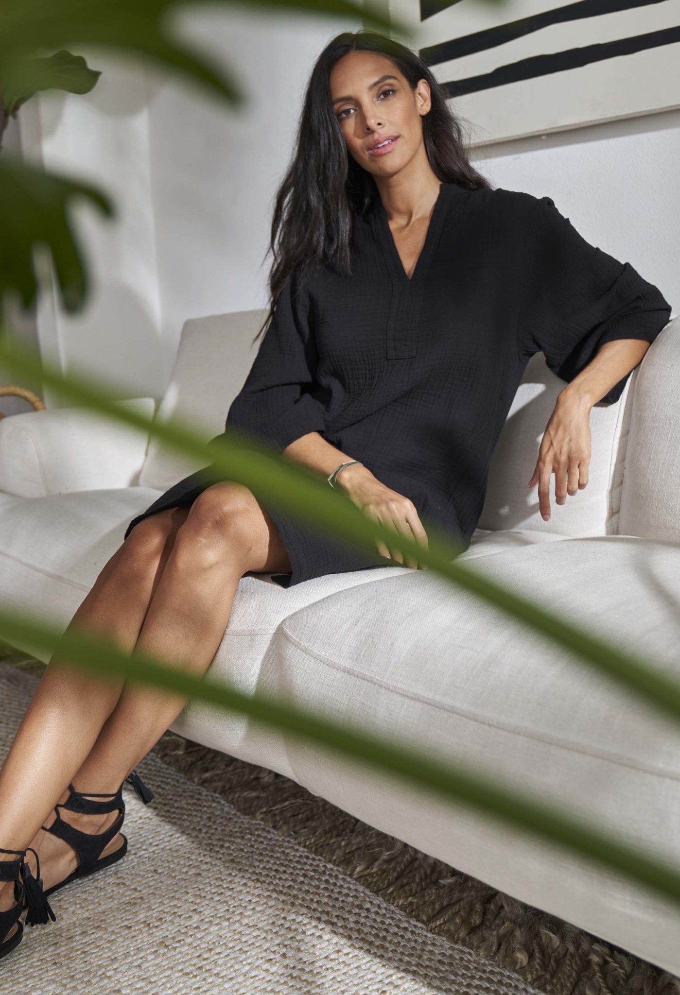 Black Short Gauze Tunic Dress with Pockets - Sale - ocean+main