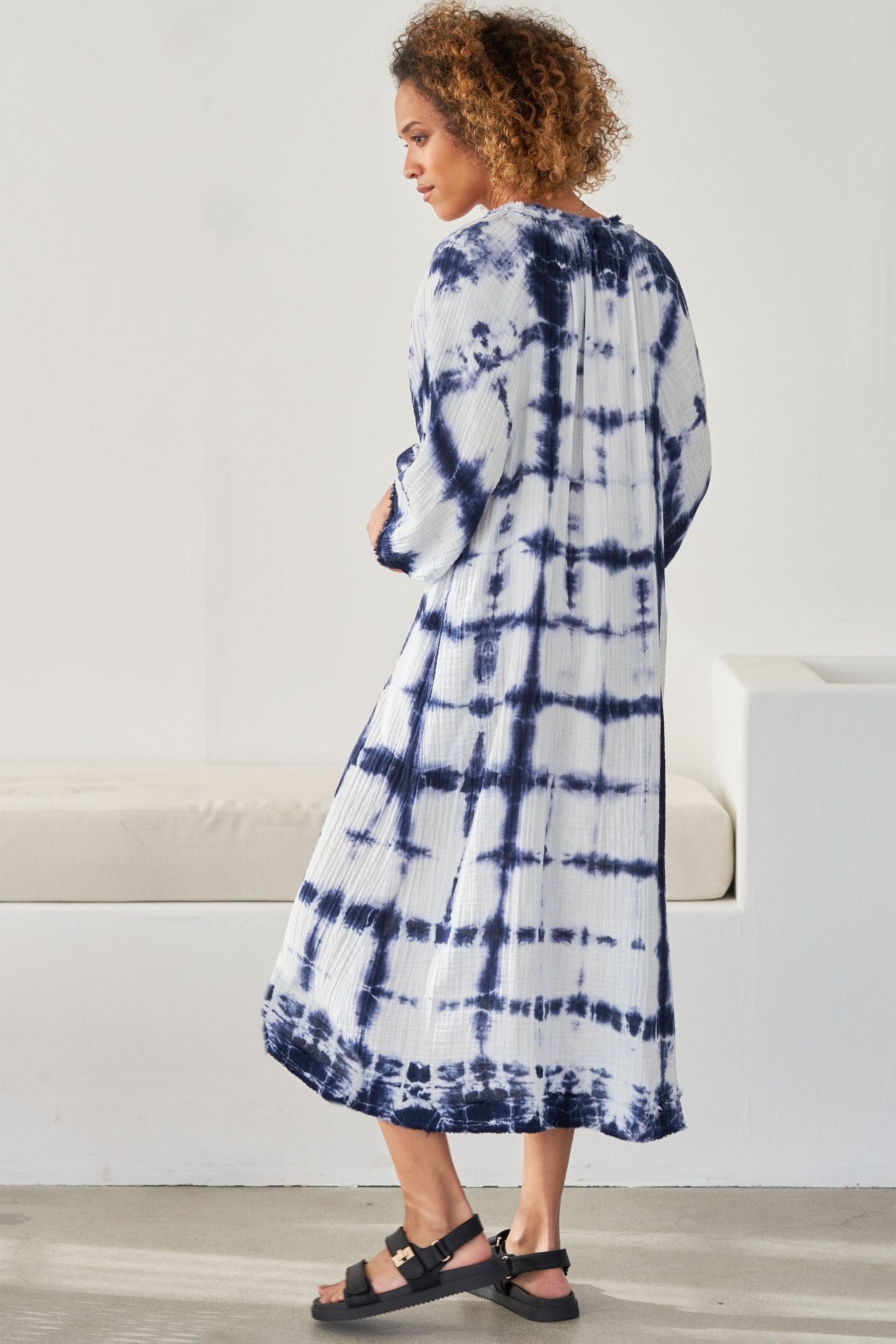 Blue and White Tile Print Gauze Dress with Pockets - ocean+main