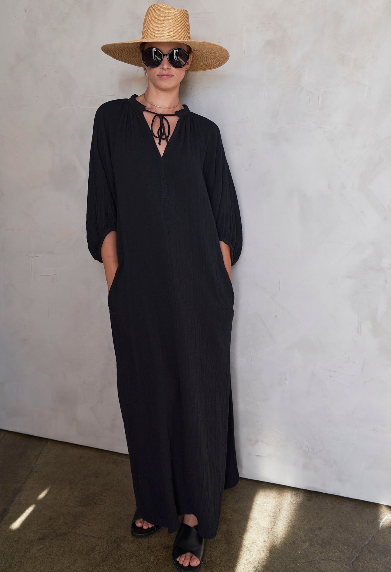 Cara Black Long Tie Neck Dress Gauze Caftan - ocean+main