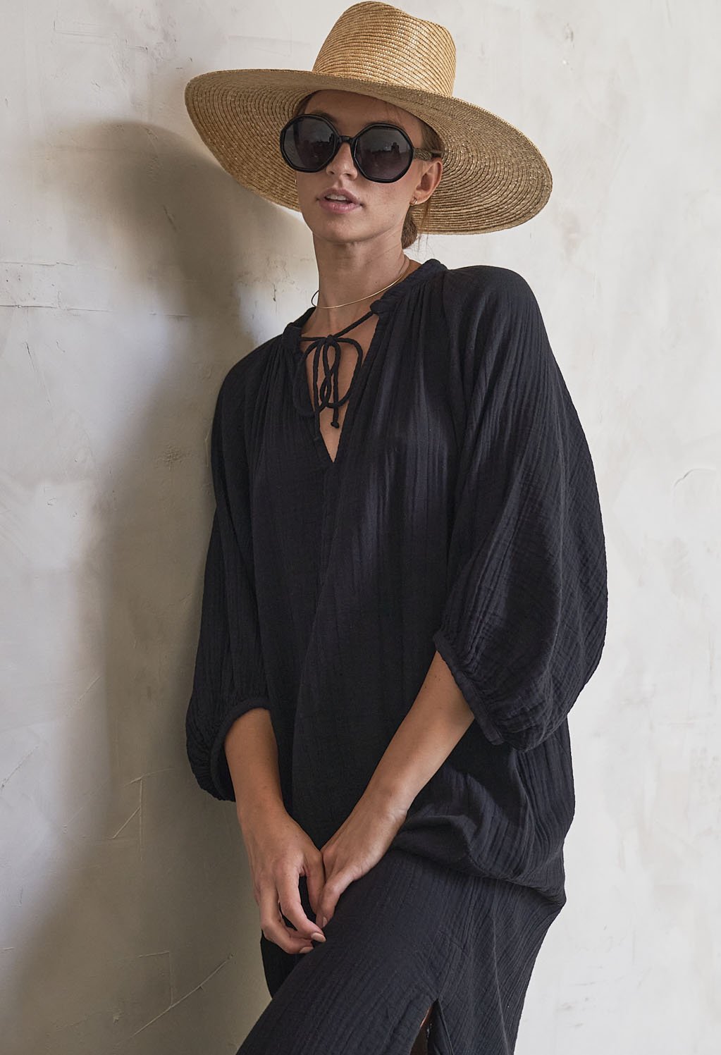 Cara Black Long Tie Neck Dress Gauze Caftan - ocean+main