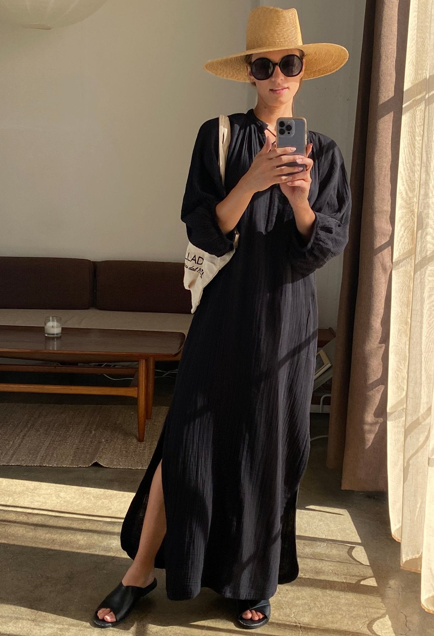 Cara Black Long Tie Neck Dress Gauze Caftan - ocean+main