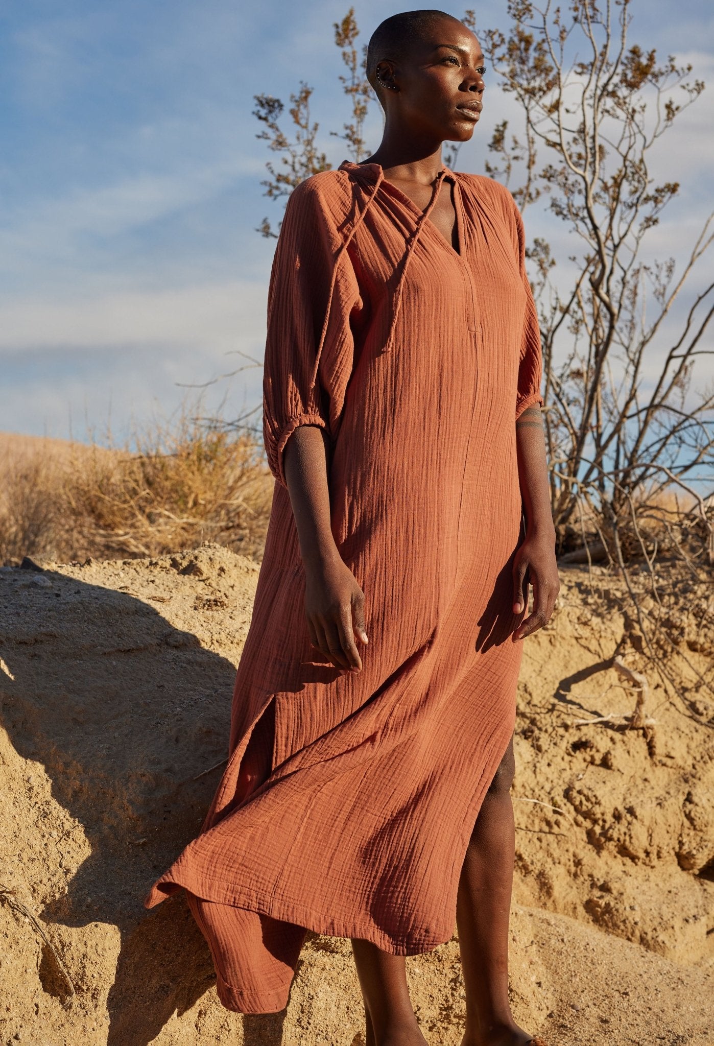 Cara Terracotta Long Tie Neck Dress Gauze Caftan - ocean+main