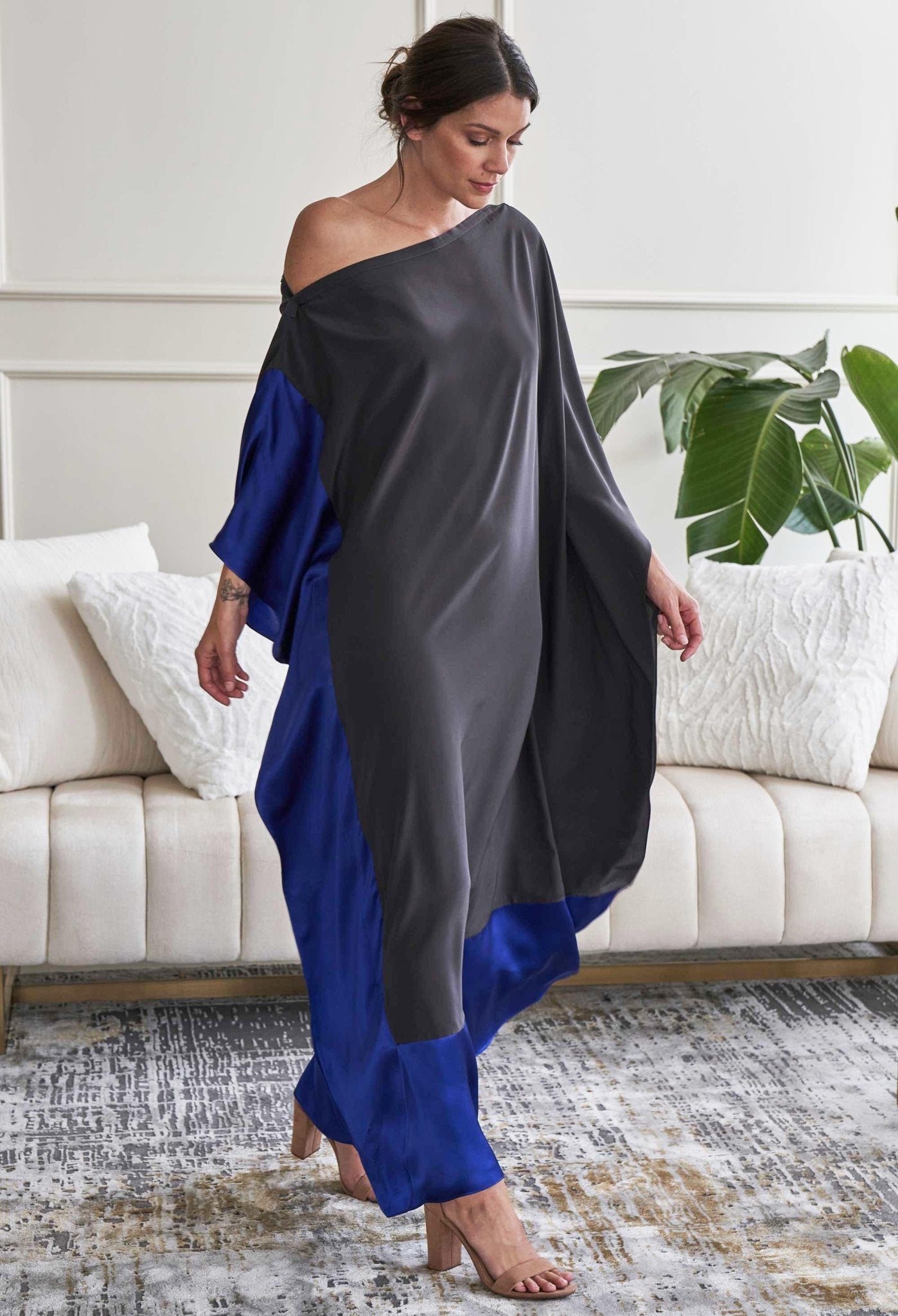 Charcoal and Cobalt Silk Boatneck Caftan - ocean+main