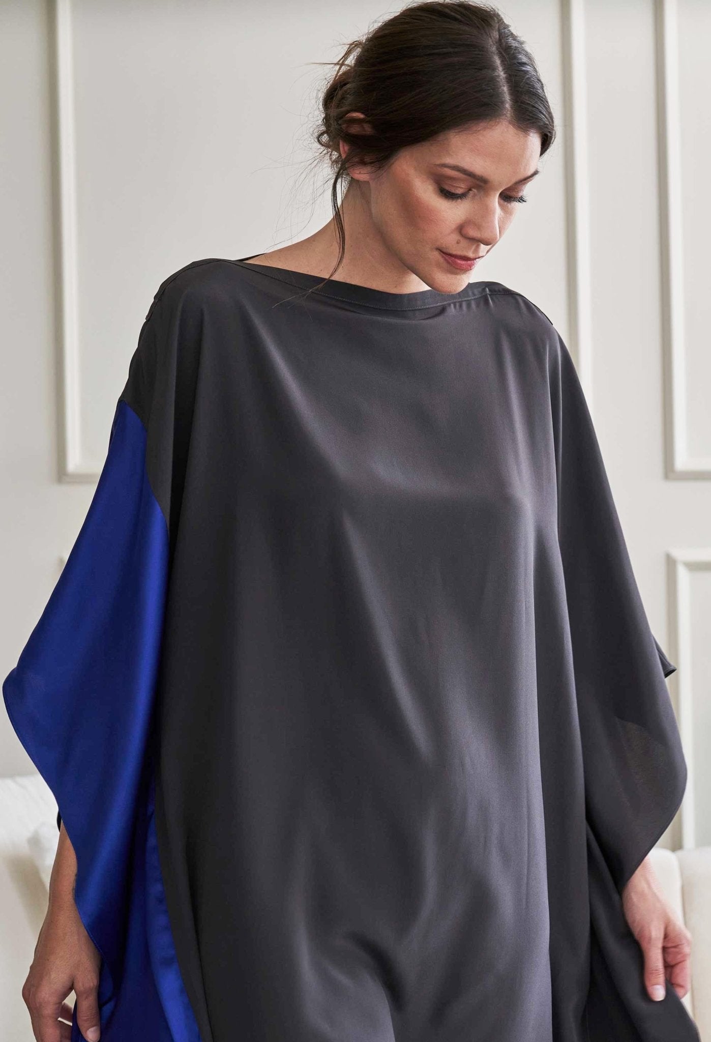 Charcoal and Cobalt Silk Boatneck Caftan - ocean+main