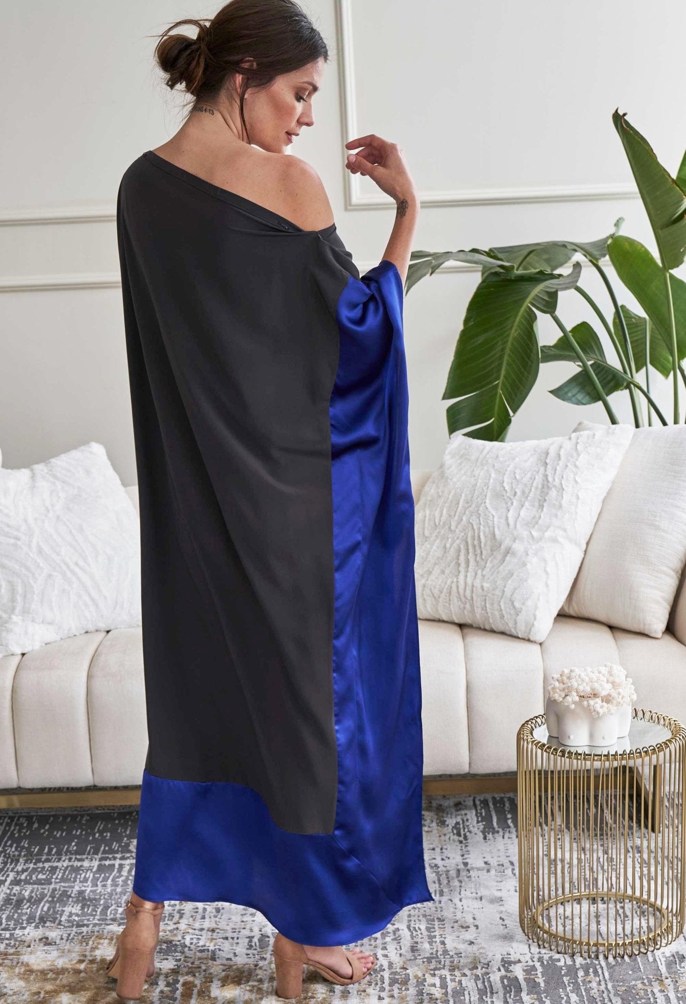 Charcoal and Cobalt Silk Boatneck Caftan - ocean+main