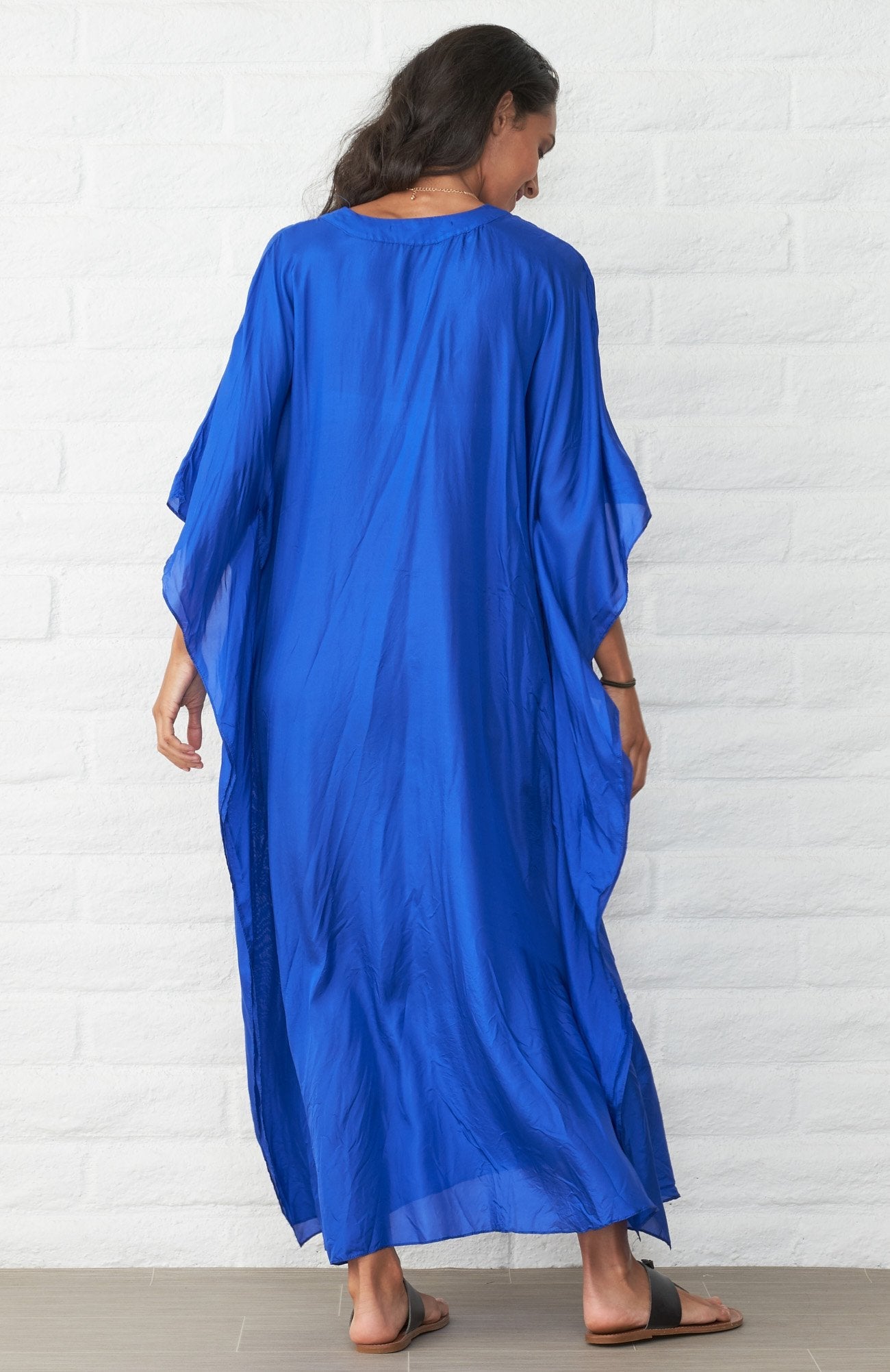 Cobalt Silk Placket V-Neck Long Caftan - ocean+main