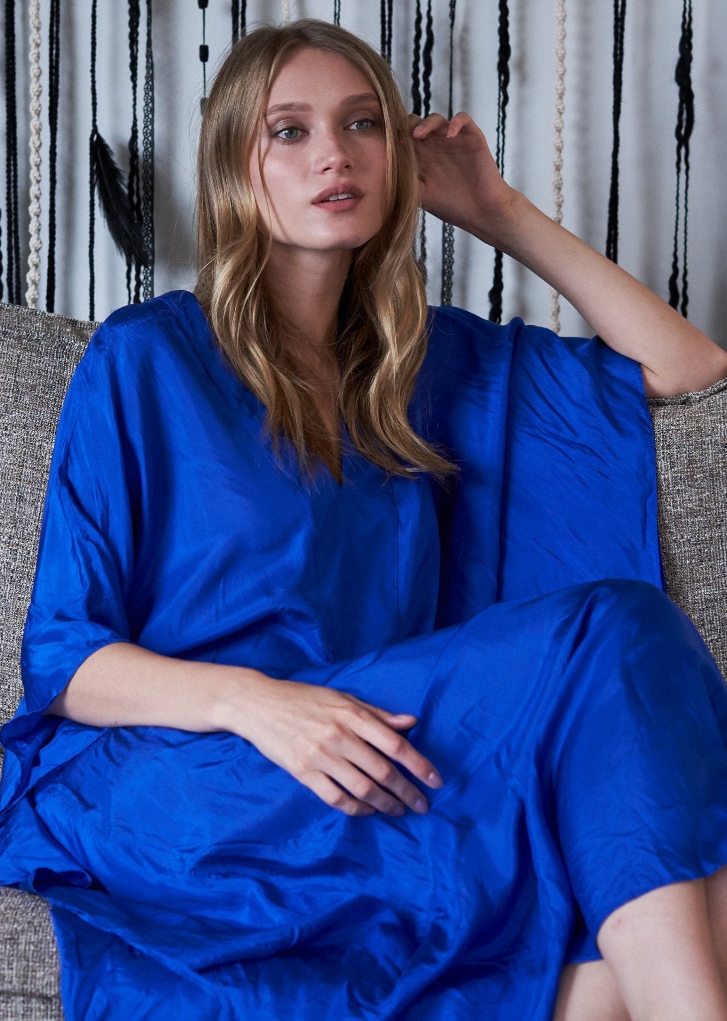 Cobalt Silk Placket V-Neck Long Caftan - ocean+main