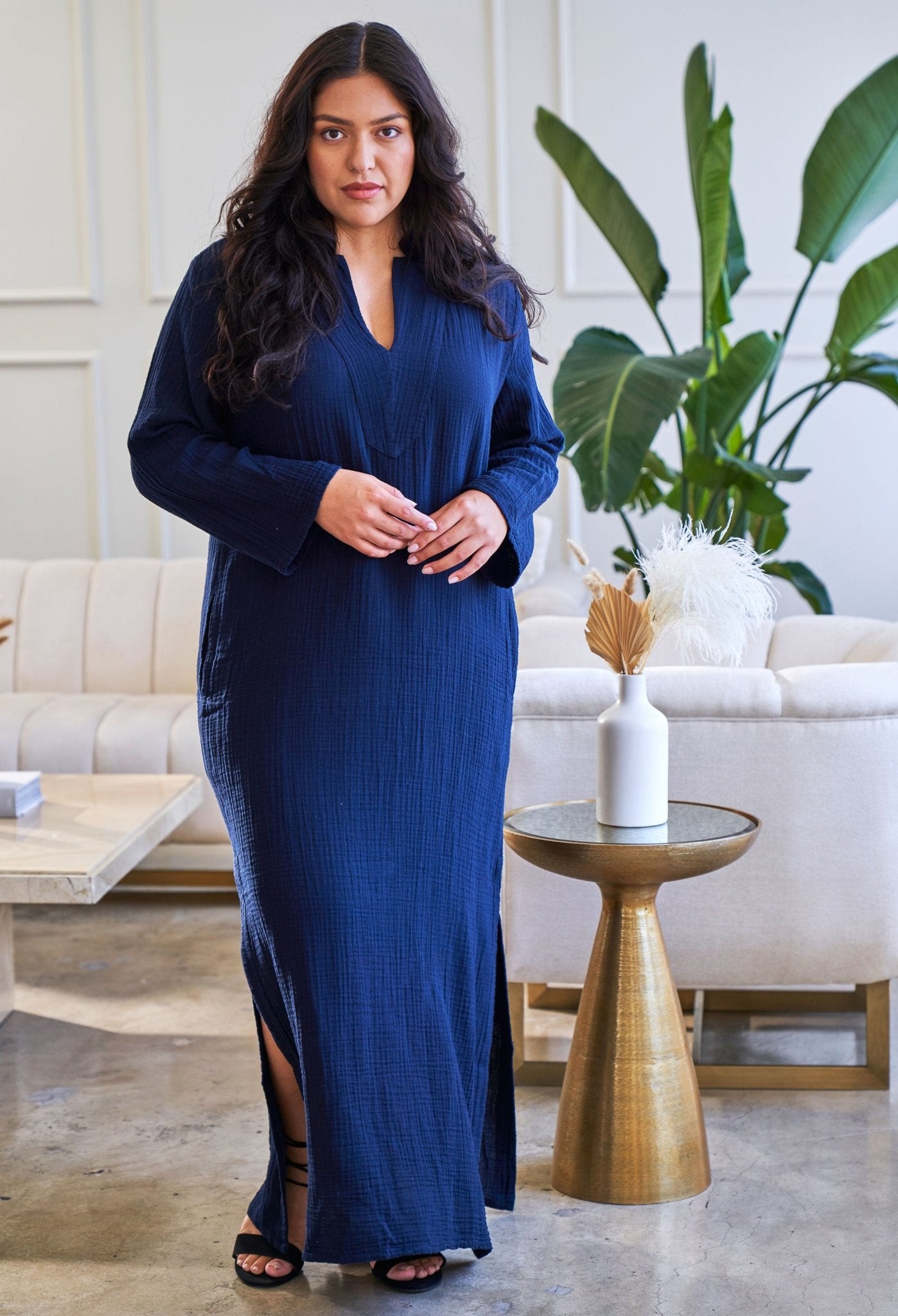 Double Gauze Mandarin Collar Tunic in Navy - ocean+main