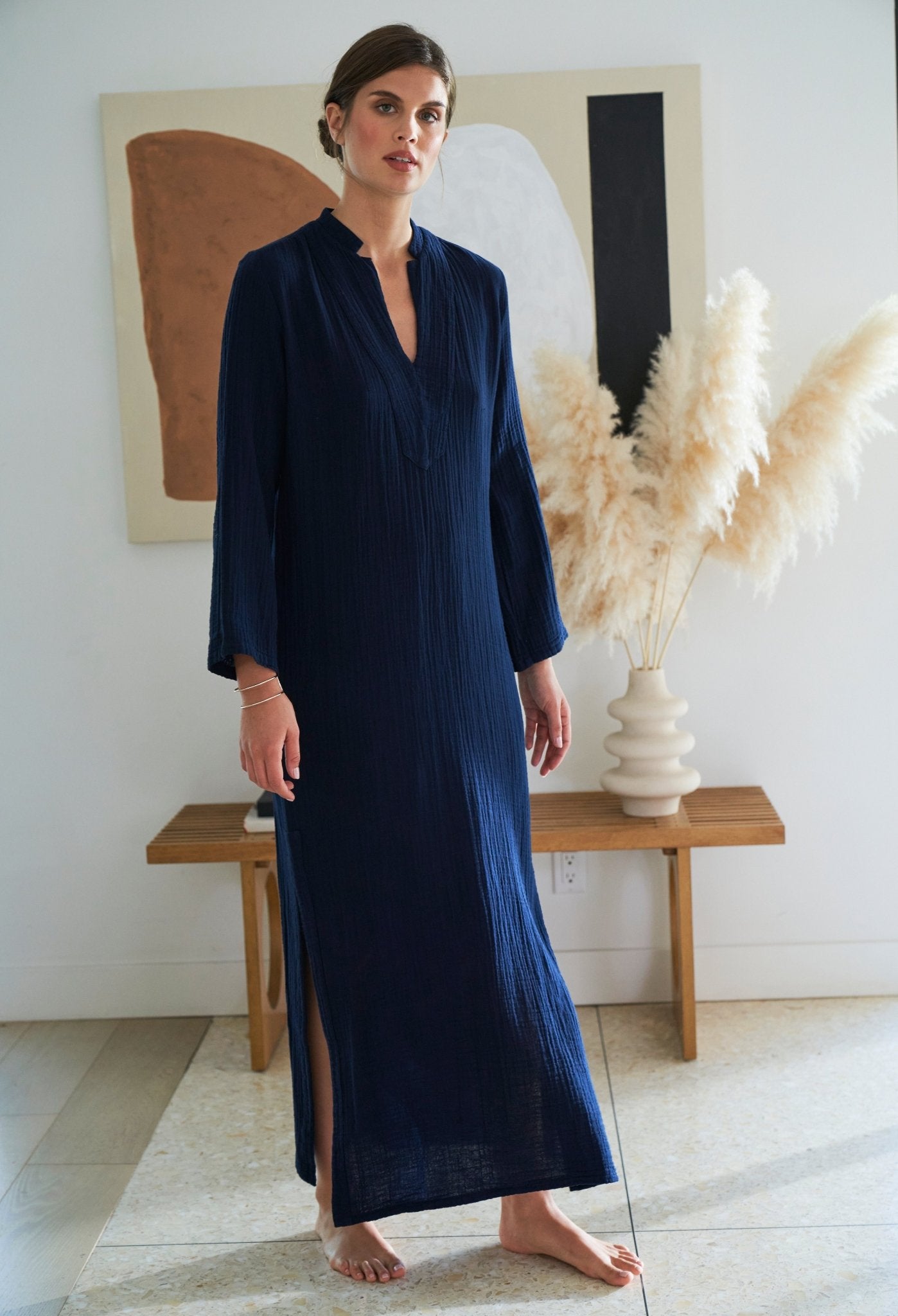Double Gauze Mandarin Collar Tunic in Navy - ocean+main