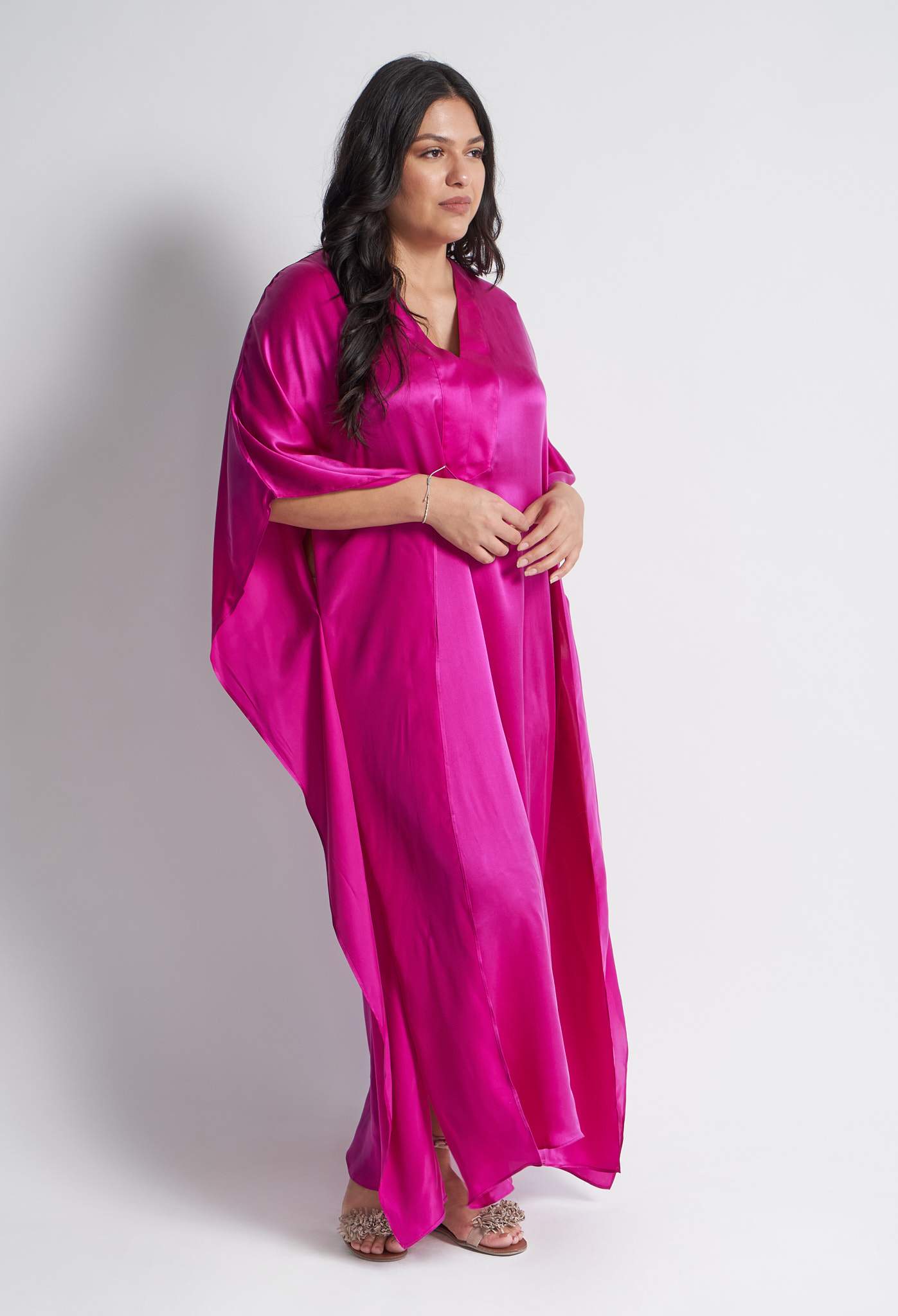 Fuchsia Silk Placket V-Neck Long Caftan - ocean+main