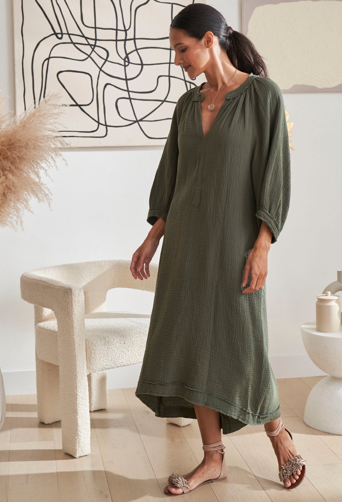 Green Gauze Dress with Pockets - ocean+main