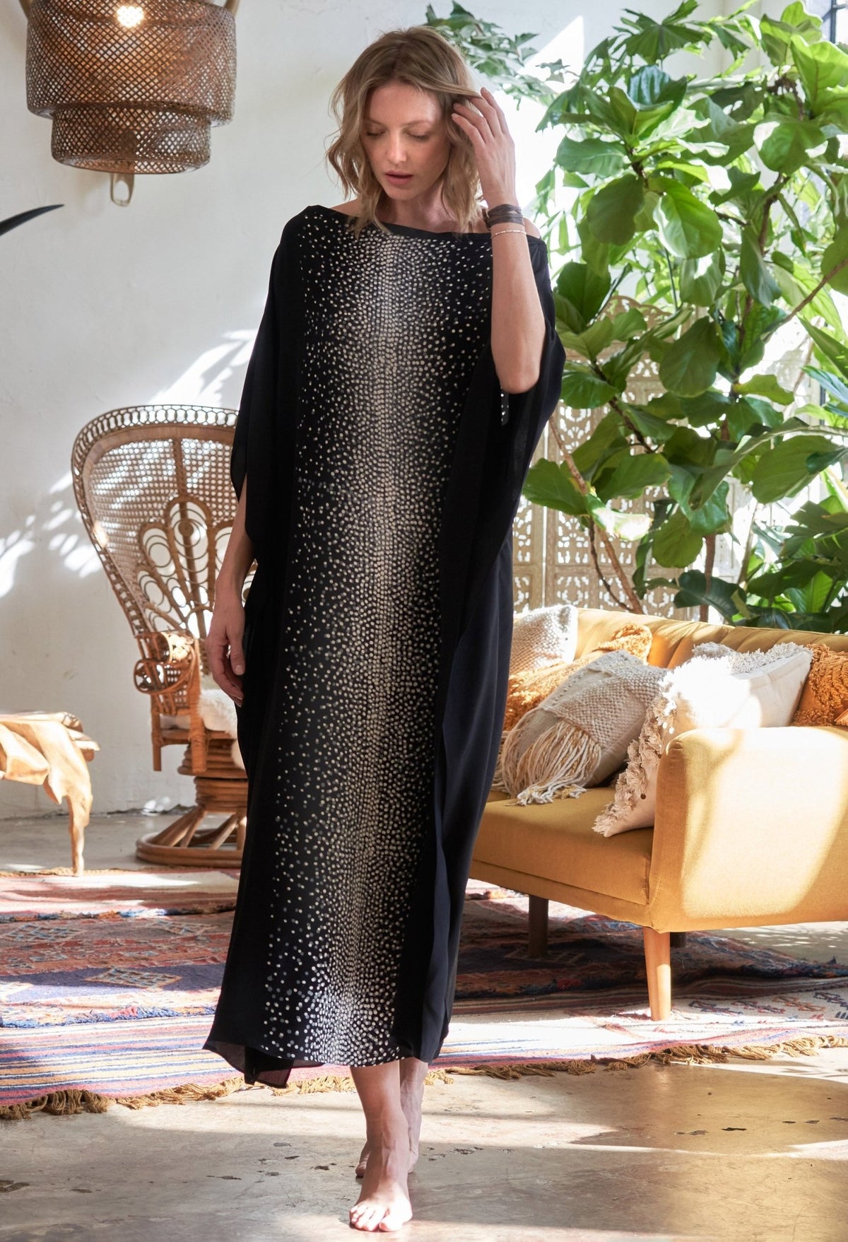 Malaysia Collection - Stardust Print Long Silk Boatneck Caftan - ocean+main