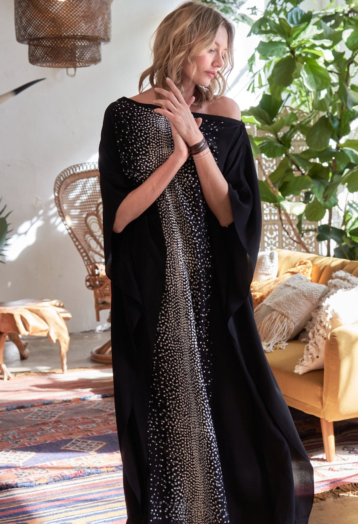 Malaysia Collection - Stardust Print Long Silk Boatneck Caftan - ocean+main