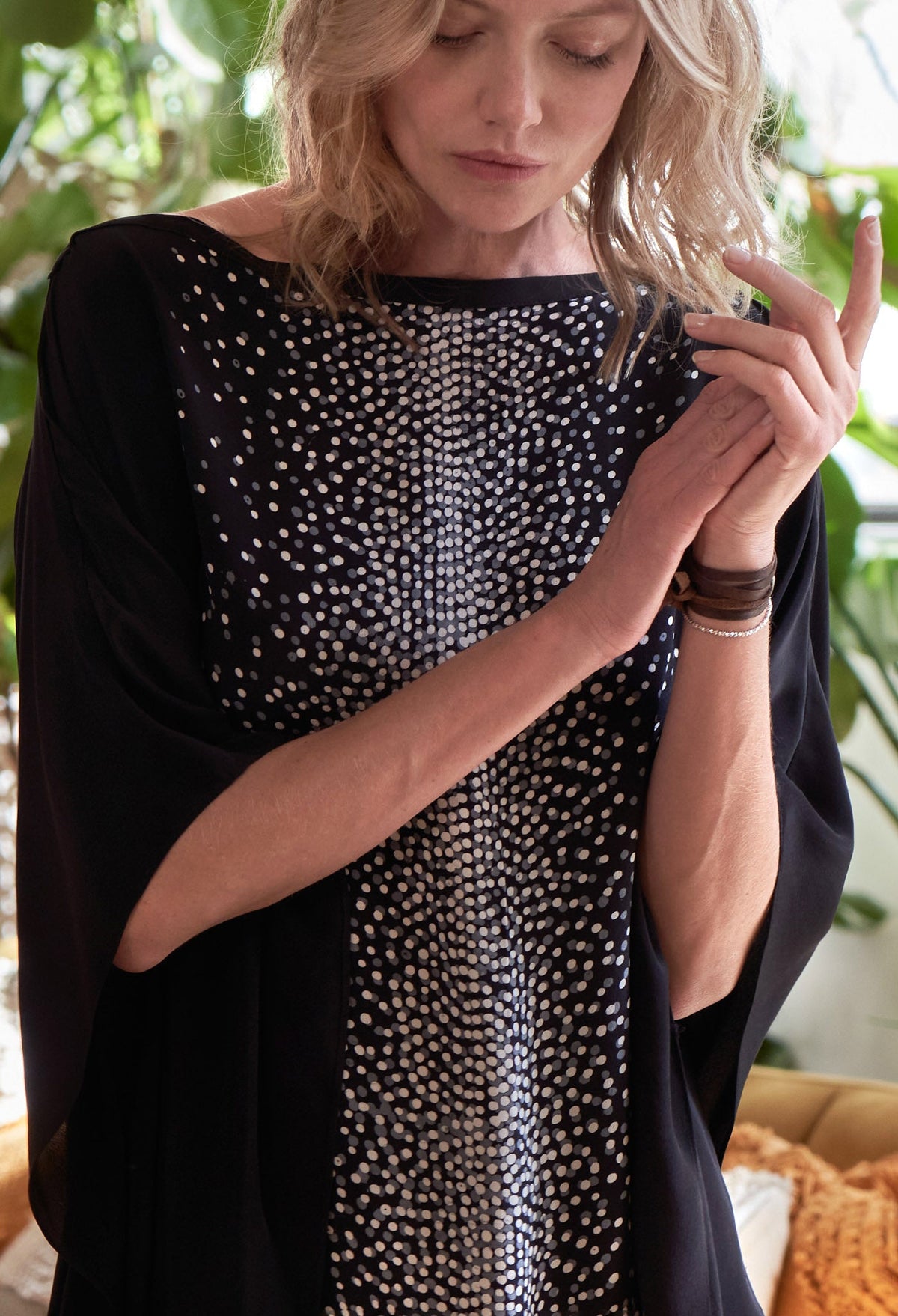 Malaysia Collection - Stardust Print Long Silk Boatneck Caftan - ocean+main