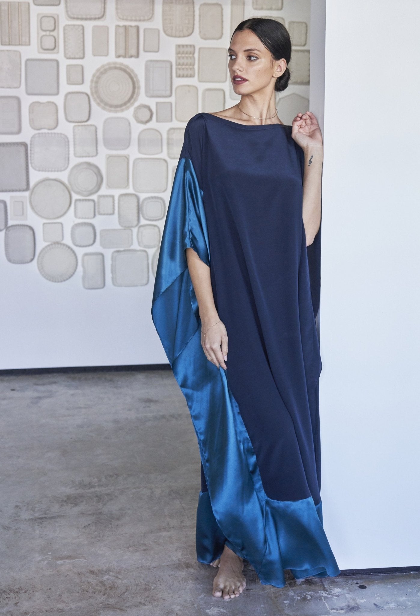 Navy and Teal Boatneck Silk Caftan - ocean+main