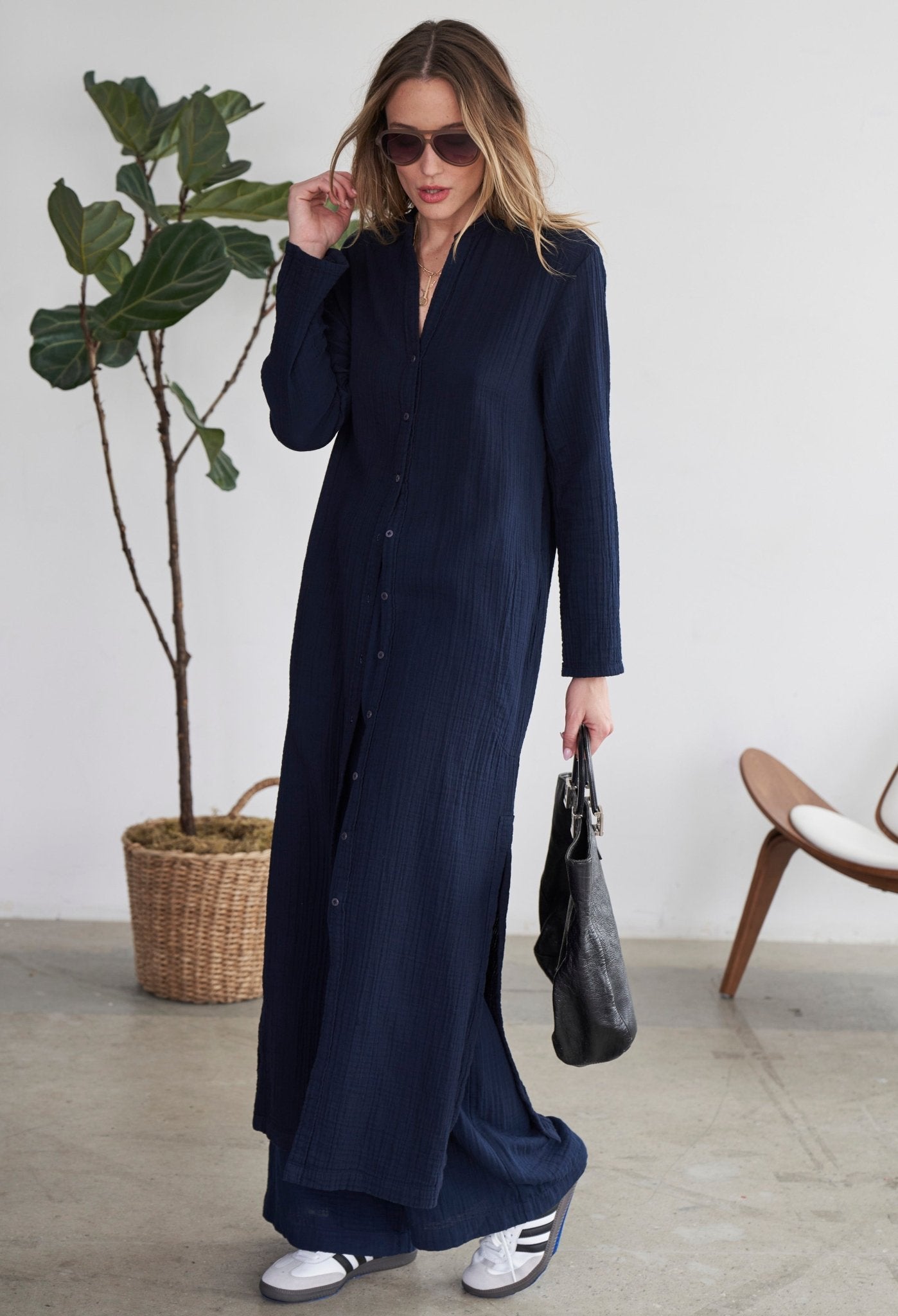 Navy Button Front Belted Cotton Gauze Tunic Dress - ocean+main