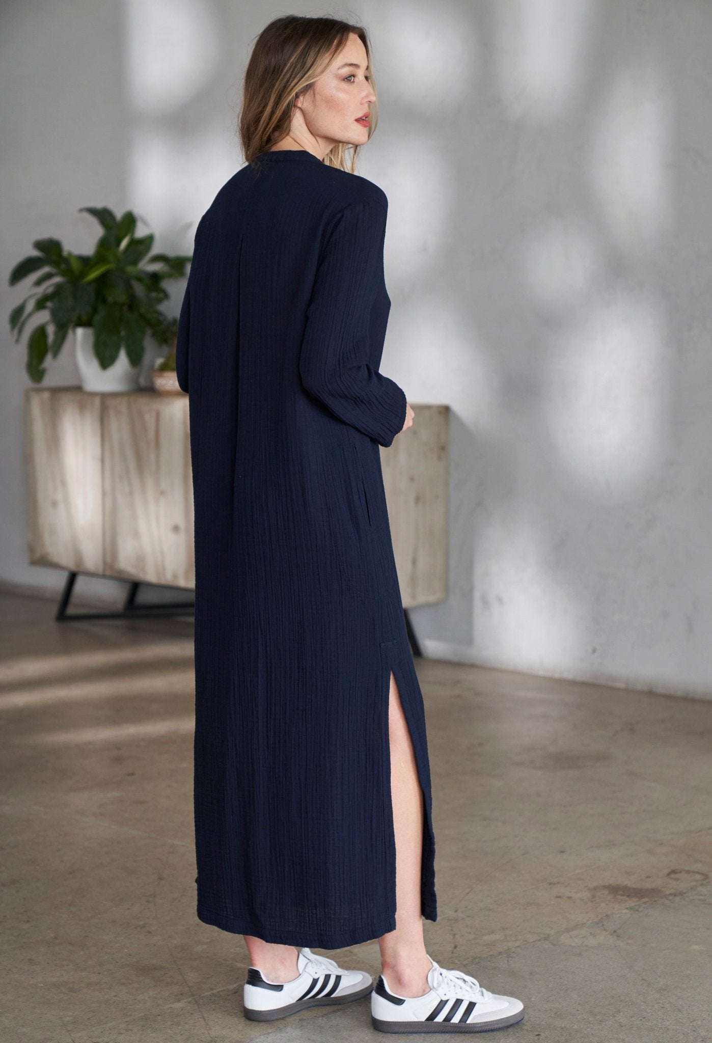 Navy Button Front Belted Cotton Gauze Tunic Dress - ocean+main