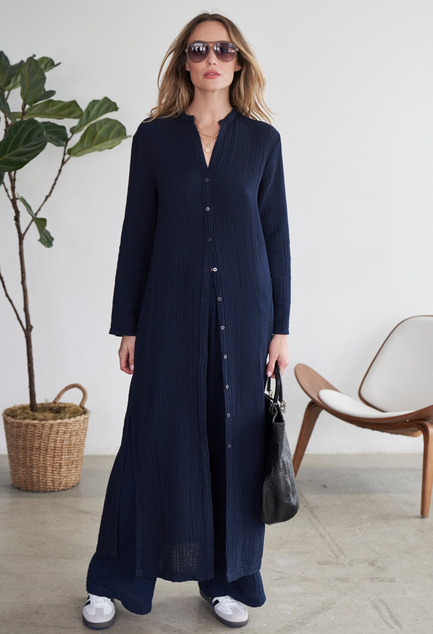 Navy Button Front Belted Cotton Gauze Tunic Dress - ocean+main